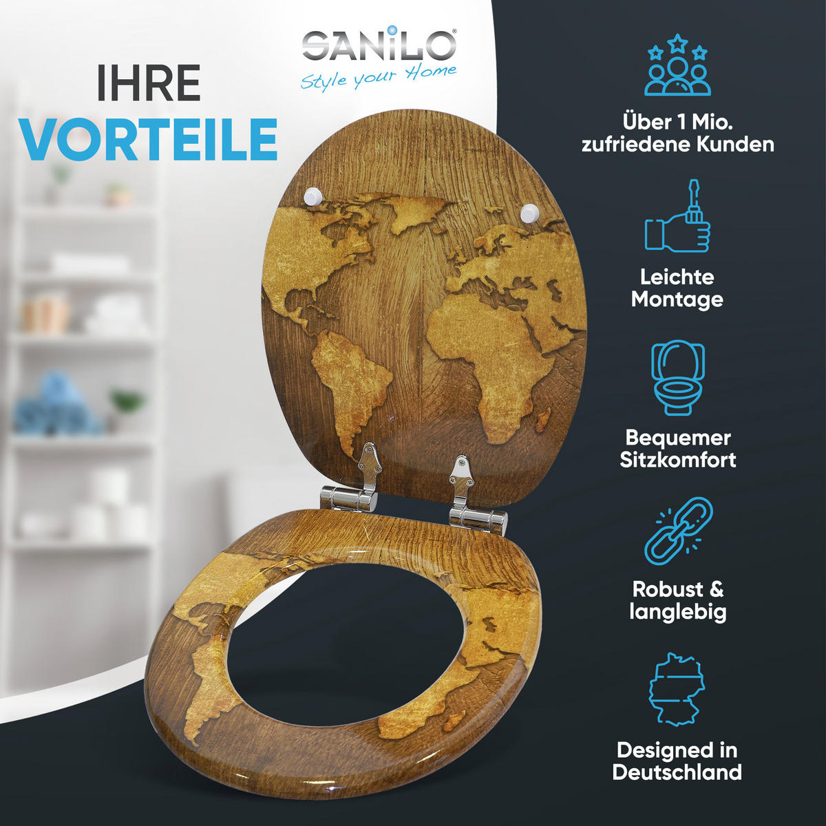 WC-SITZ mit Absenkautomatik World Map - Braun, Holzwerkstoff (38/6/47cm) - Sanilo