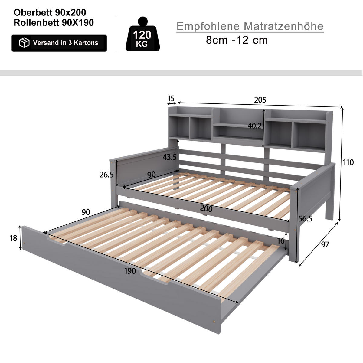 BETT mit integriertem Regal und Ausziehfunktion Kiefernholz Grau 90/200 cm - Grau, Holz (90/200cm) - OKWISH