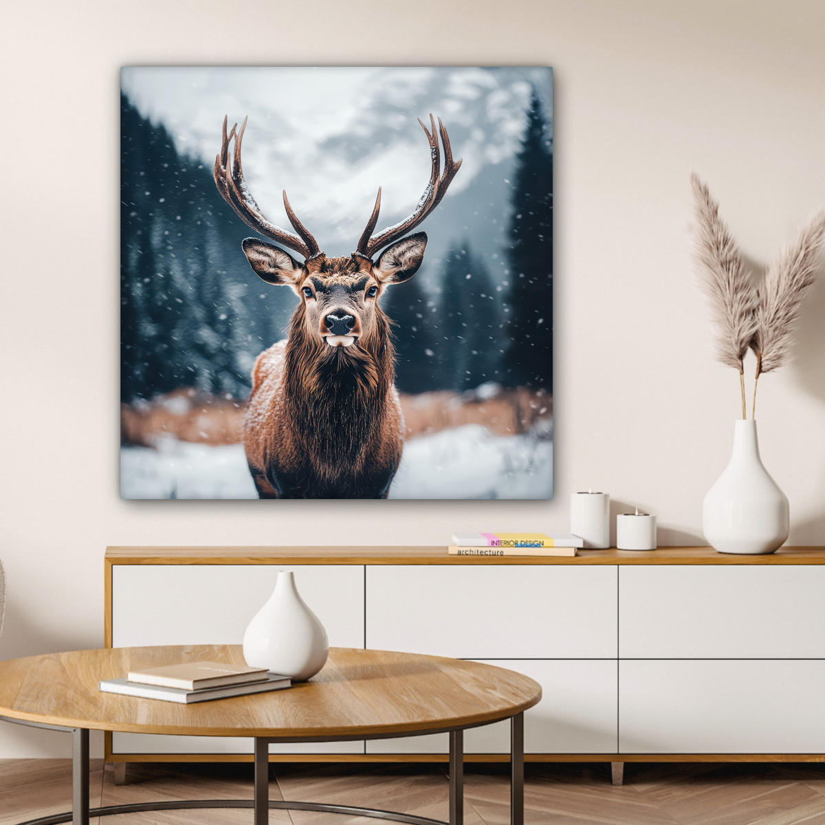 LEINWANDBILD Hirsche - Tiere - Landschaft - Winter - Schnee 90x90 cm - Kastanienfarben, Textil (90/90cm) - MuchoWow