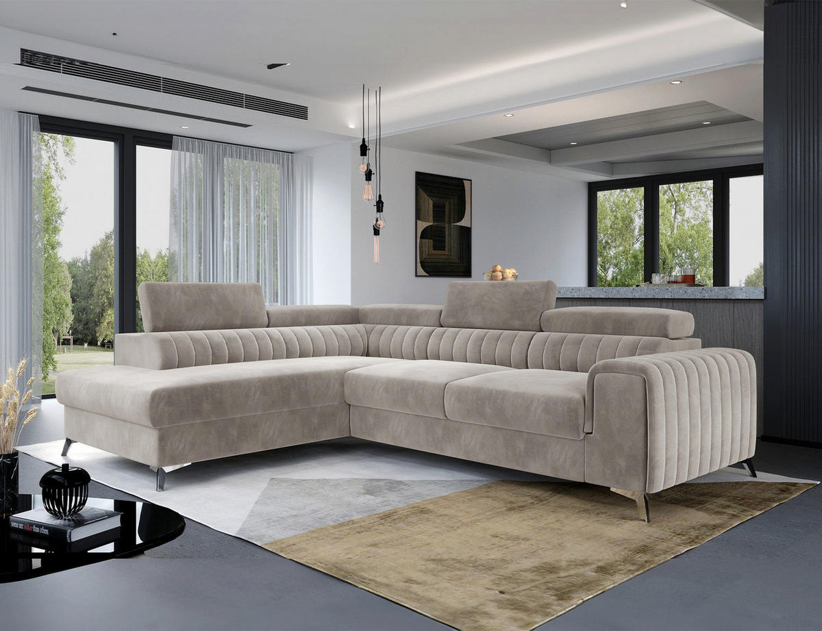 ECKSOFA Laurence mit Schlaffunktion & Bettkasten – 278 x 205 cm, verstellbare Kopfstützen - Beige, Kunststoff (278/205cm) - Wohnideebilder