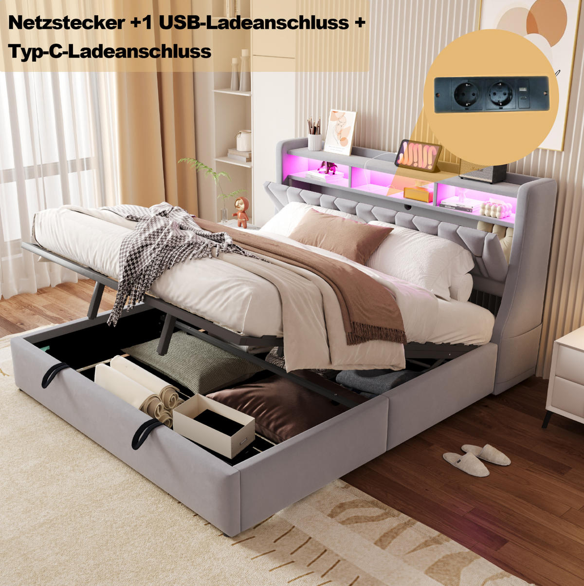 ČALÚNENÁ posteľ 180/200 cm s hydraulickým úložným priestorom, LED osvetlením, zásuvkou, USB-C a zamatovým poťahom, Svetlosivá - svetlosivá, textil (180/200cm) - Redom