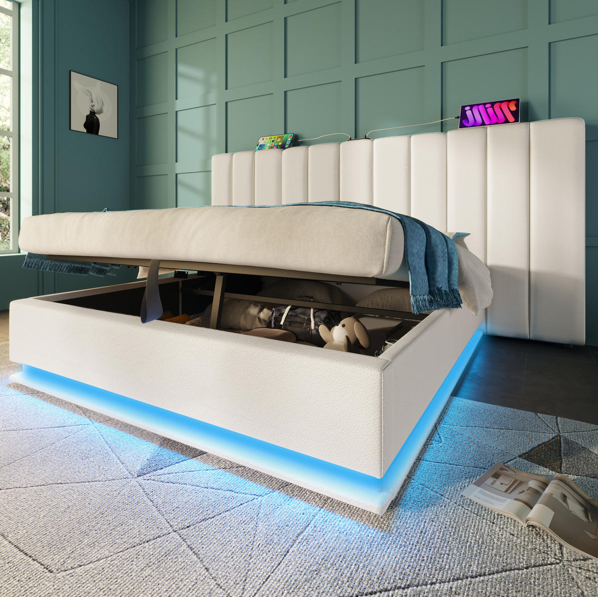 BETT mit Stauraum 160x200 cm PU Weiß mit LED und USB-C - Weiß, Metall (160/200cm) - Meubliv