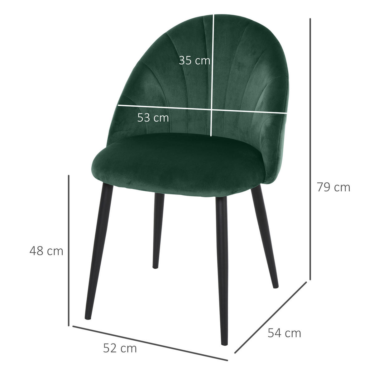 ESSZIMMERSTÜHLE 2er Set Küchenstuhl Bürostuhl mit Rückenlehne Samt Metall Grün - Grün, Textil (52/79/54cm) - HOMCOM
