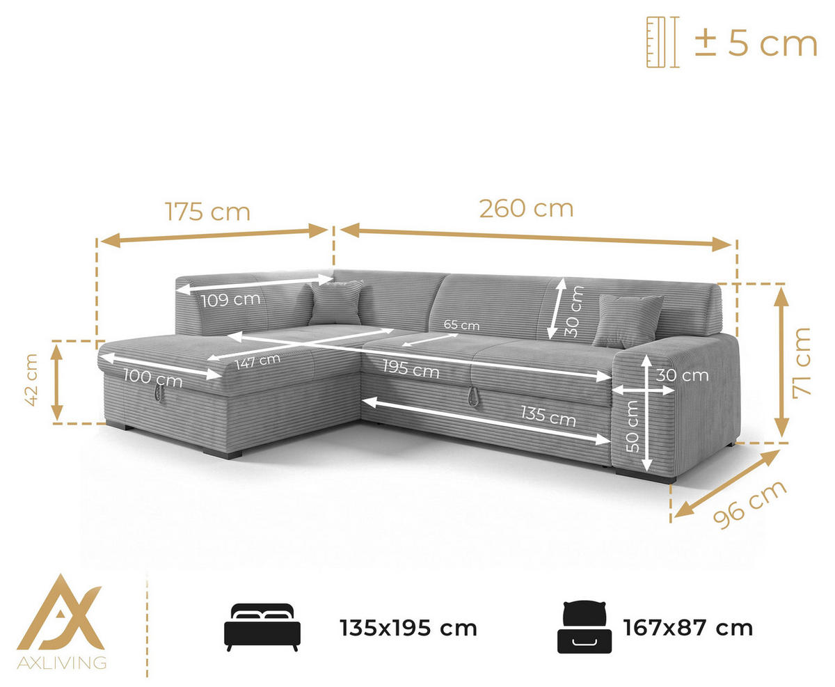 ECKSOFA L Form Minosa Schwarz 260/175/71 cm Links mit Schlaffunktion - Schwarz, Kunststoff/Textil (260/175cm) - AX Living