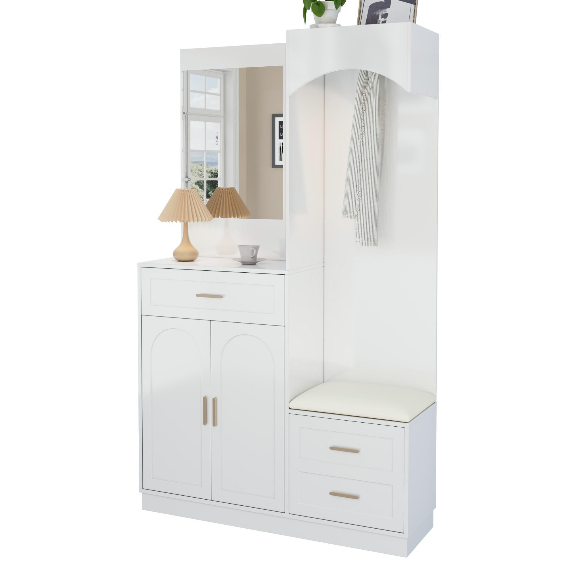 OKWISH PŘEDSÍŇOVÁ skříň 110/33/185,5 cm bílá z MDF s botníkem, zrcadlem a věšákem