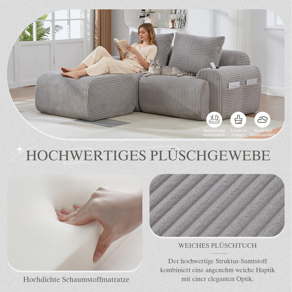 MODULARES 2-Sitzer Sofa Cordstoff mit Getränkehalter und Seitentasche 200/174/80 cm Hellgrau - Hellgrau, Textil (174/200cm) - Redom
