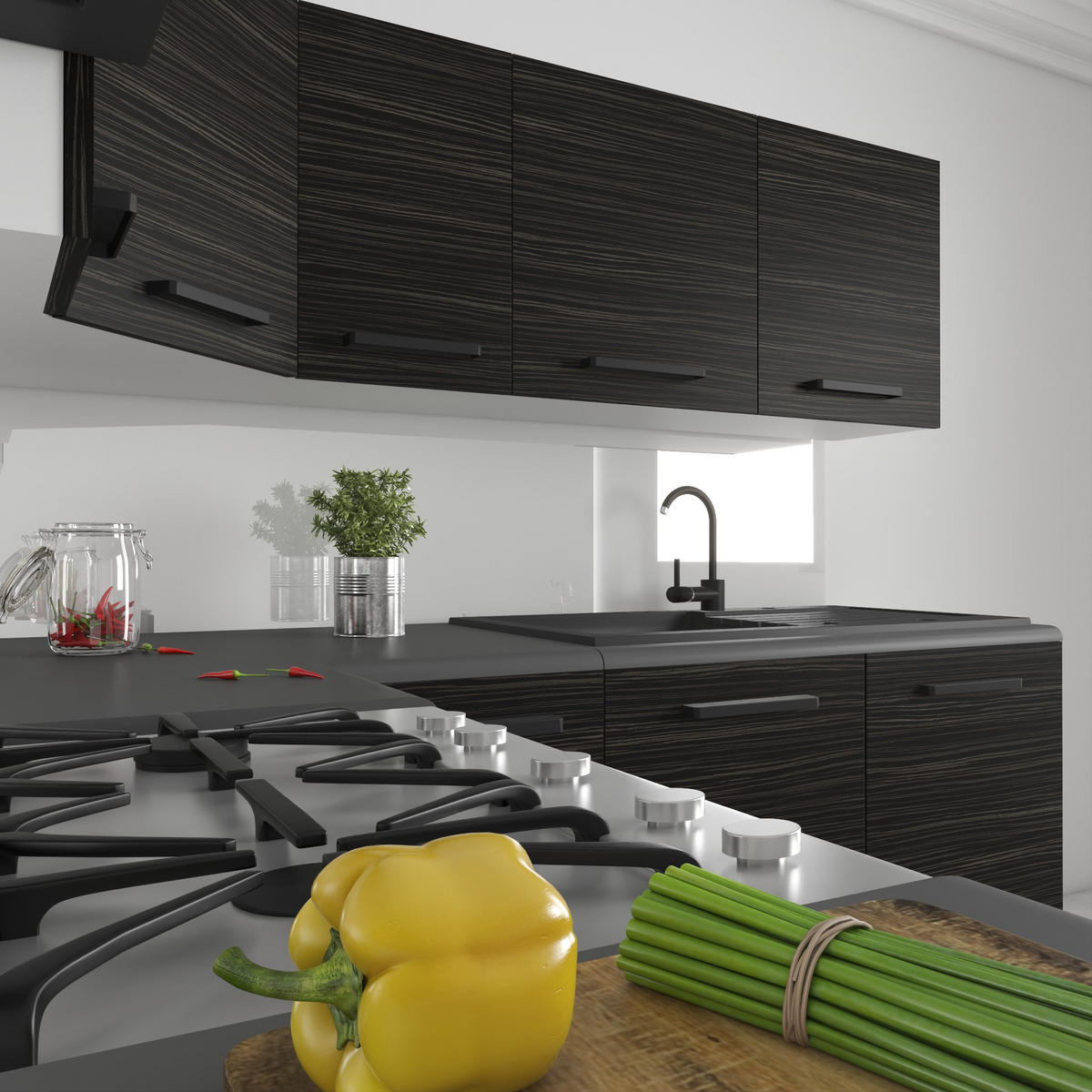 KÜCHENZEILE Italia 6 360 cm, mit Arbeitsplatten, Ebenholz - Schwarz, Holz (360/143/60cm) - B BELINI GROUP
