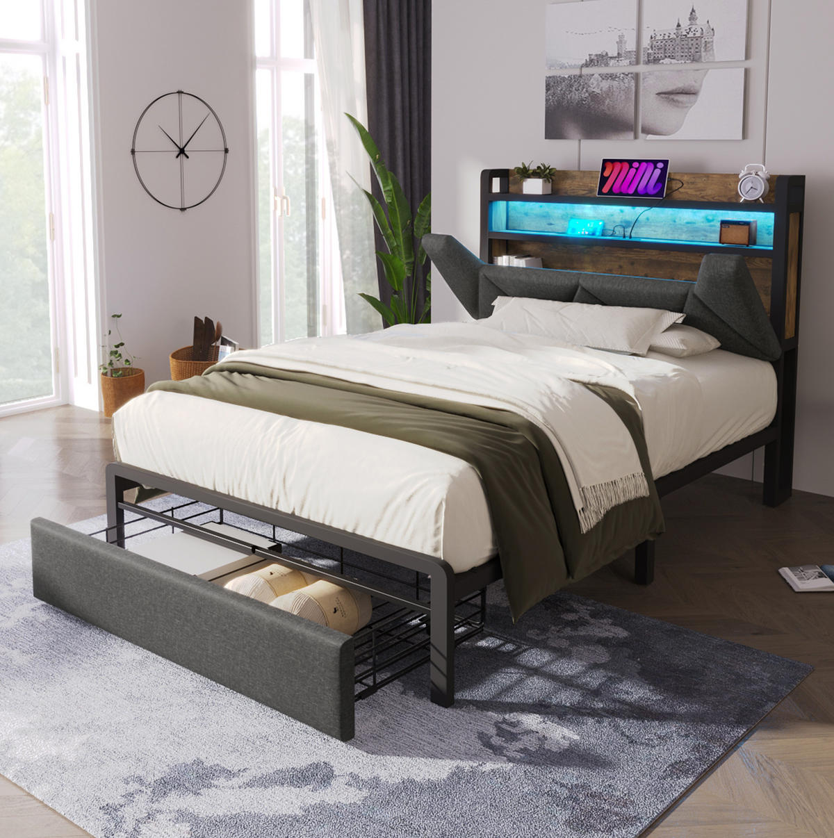 BETT mit Stauraum 90x200 cm Leinen Grau - Grau, Metall (90/200cm) - Meubliv