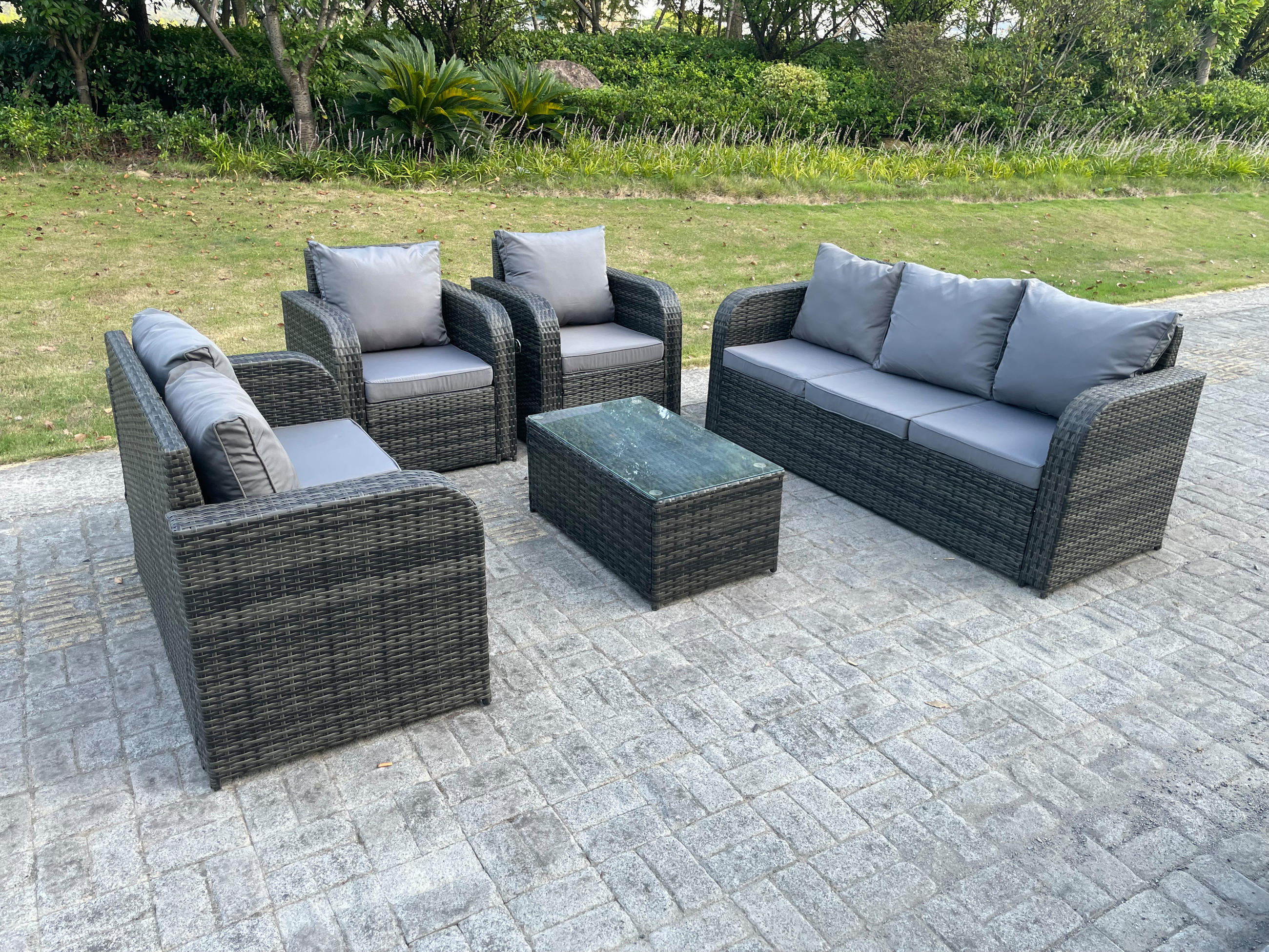 GARTENMÖBEL SET MIT LIEGESTUHL 3 SITZER SOFA Polyrattan Outdoor 7-Sitzer - Dunkelgrau/Grau, Glas/Kunststoff - Fimous