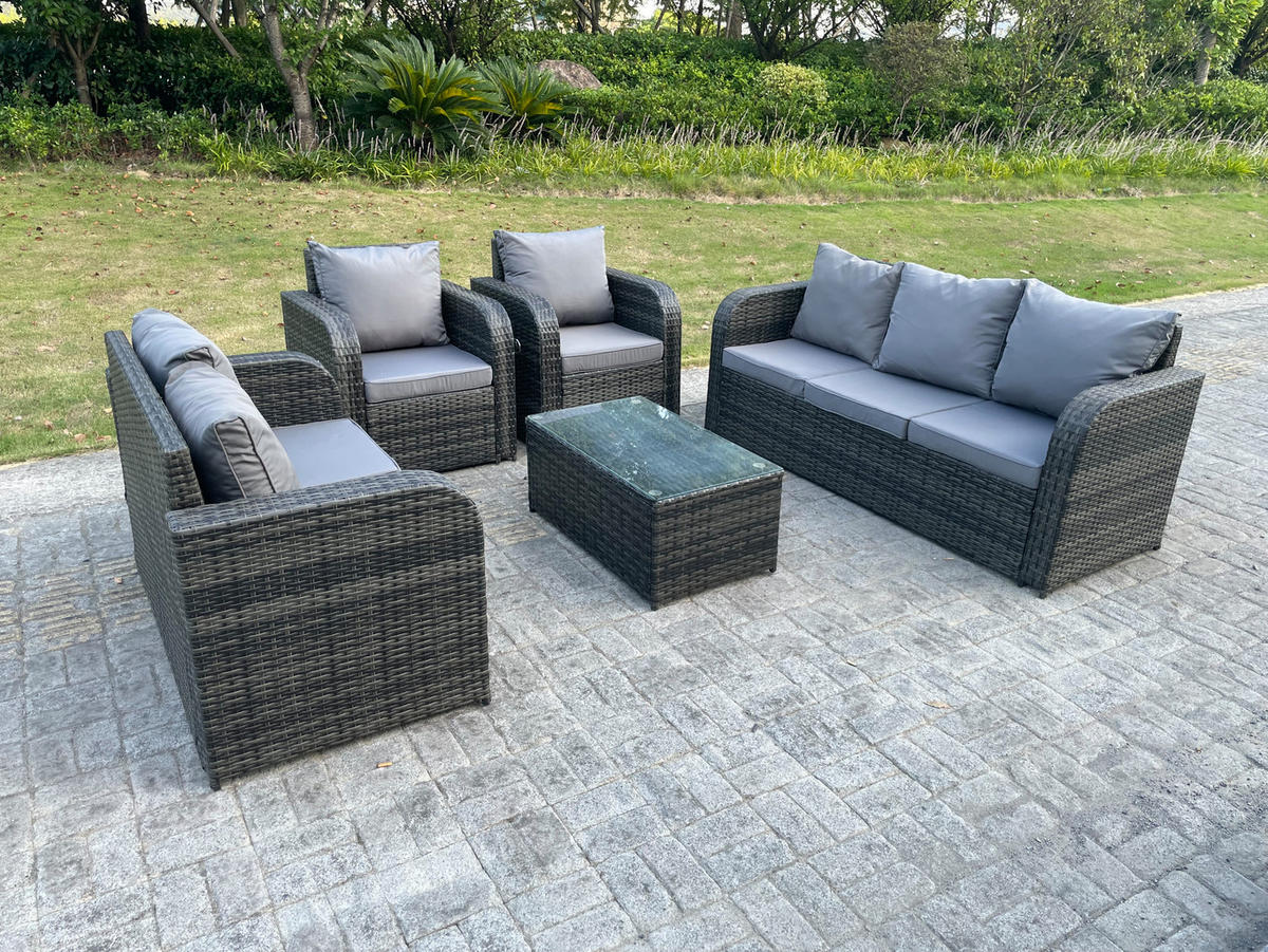 GARTENMÖBEL SET MIT LIEGESTUHL 3 SITZER SOFA Polyrattan Outdoor 7-Sitzer - Dunkelgrau/Grau, Glas/Kunststoff - Fimous