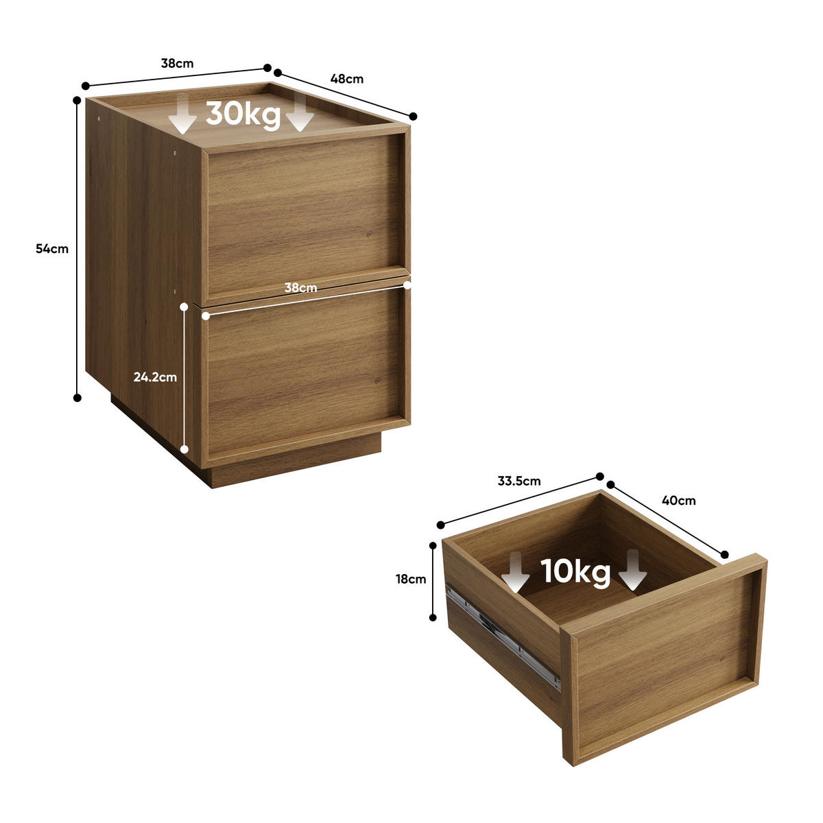 NACHTTISCH 38 cm Eiche – Nachtkommode mit 2 Schubladen & Kippsicherung - Eichefarben, Holzwerkstoff (38/50/48cm) - Urban Meuble