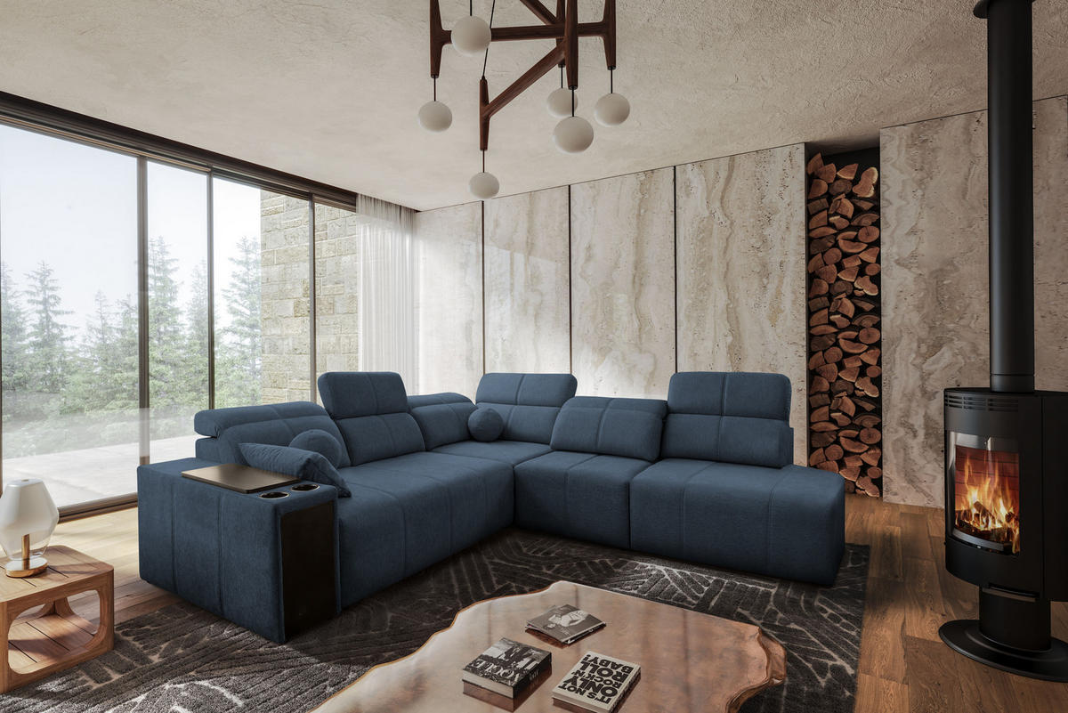 ECKSOFA Mindy IX Mit Schlaffunktion, Verstellbarer Rückenlehne Stoff Verita Blau Rechts - Blau, Holz (300/288cm) - Kaiser Möbel