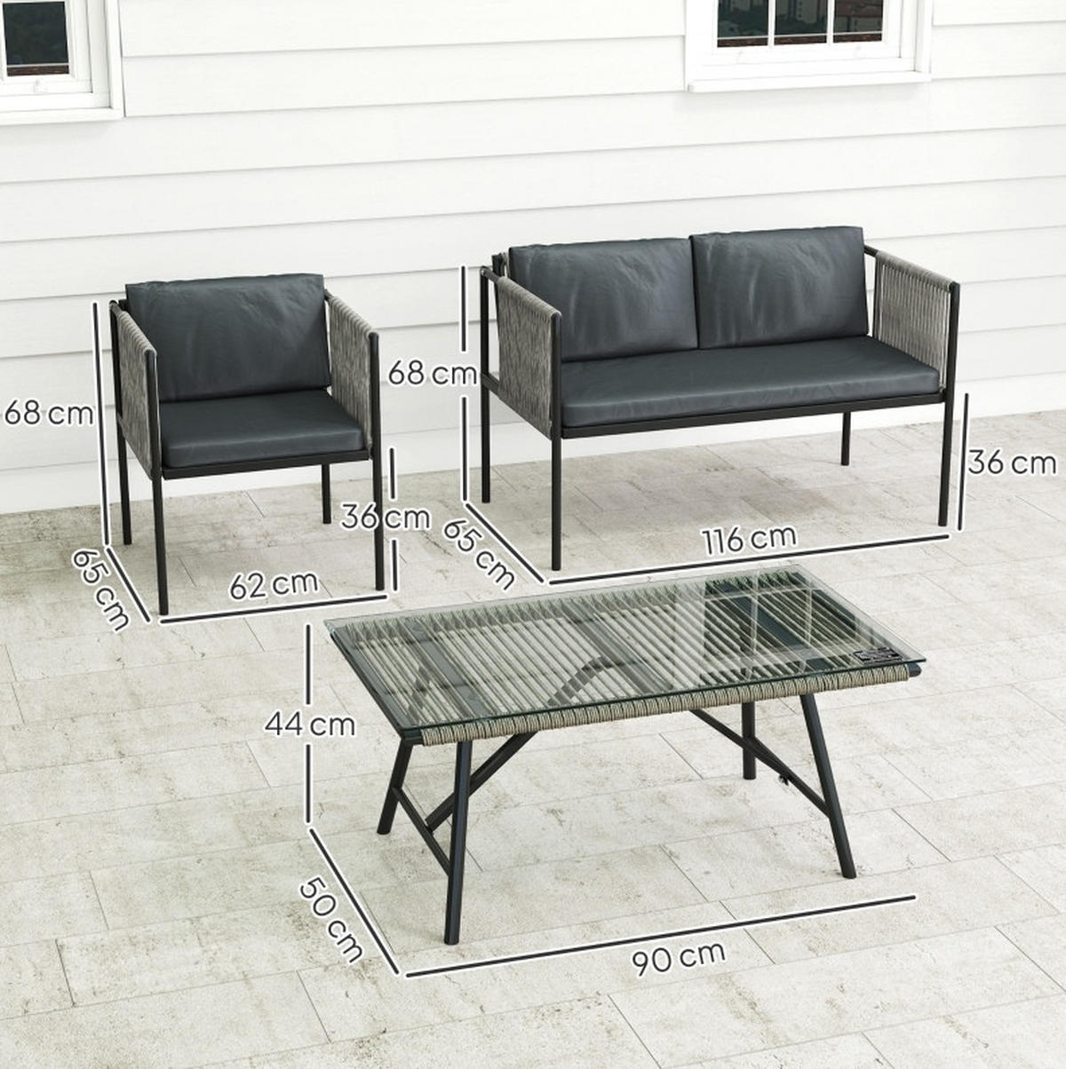 GARTENMÖBEL-SET 4-tlg. mit Sofa, 2 Sesseln und Tisch Rattan Grau - Grau, Metall - Beauniv