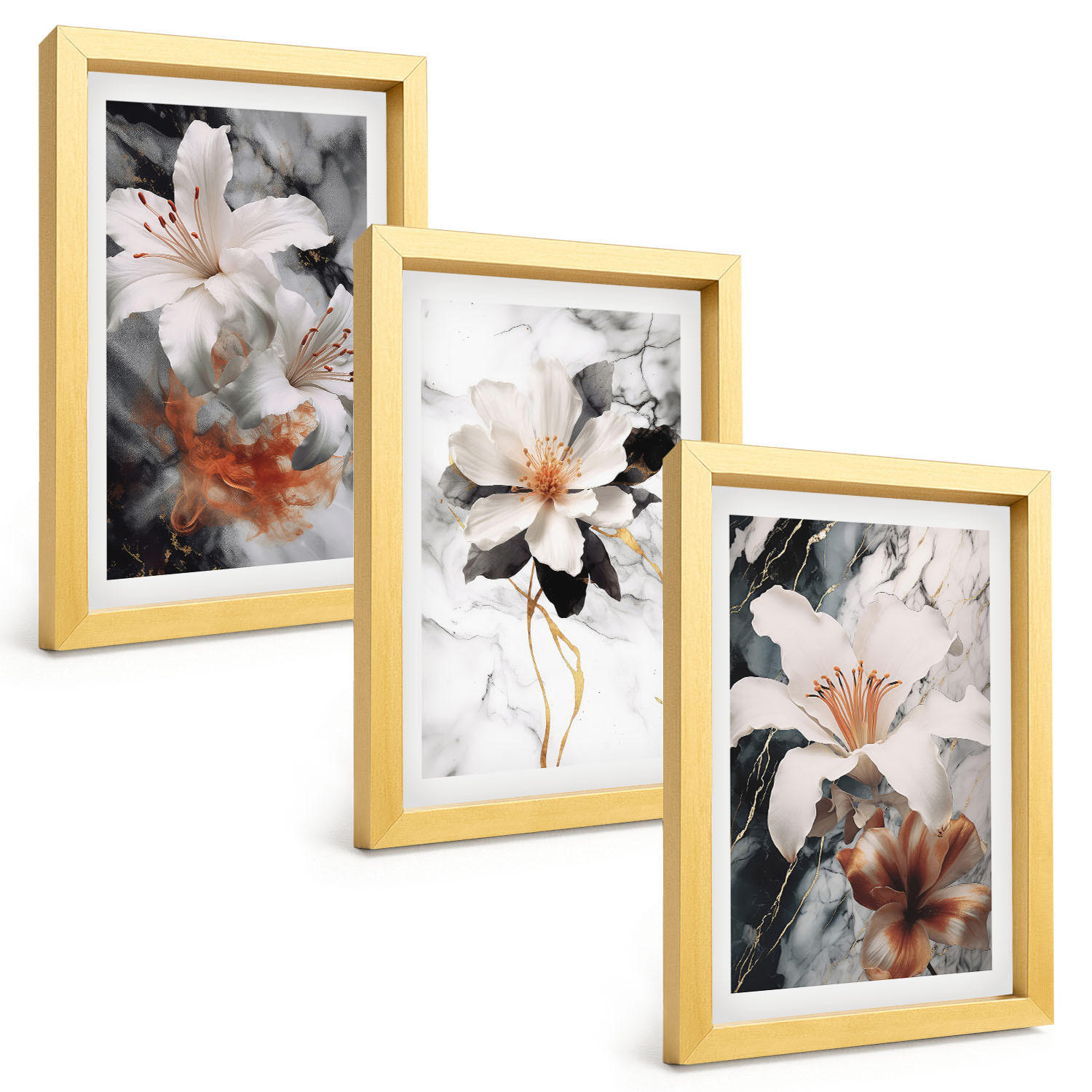 BILDER SET 3er Set - 20x30 cm Goldrahmen - Blumen Marmor weiß schwarz - Goldfarben, Kunststoff (20/30cm) - TULUP