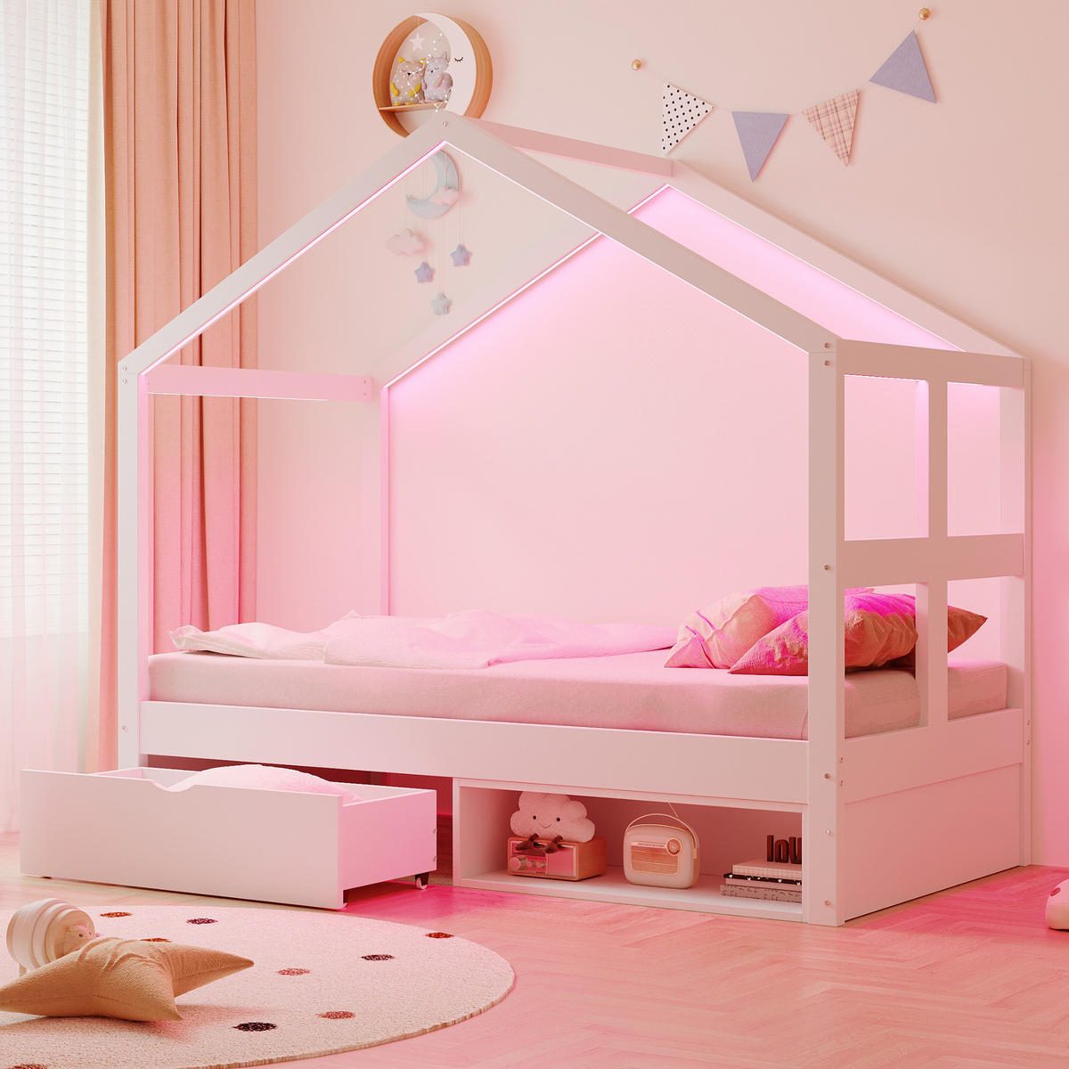 HAUSBETT 90/190 cm DE-01554, in Weiß, mit Schubladen, Schuhschrank und LED-Beleuchtung - Weiß, Holzwerkstoff (90/190cm) - ComfortXL