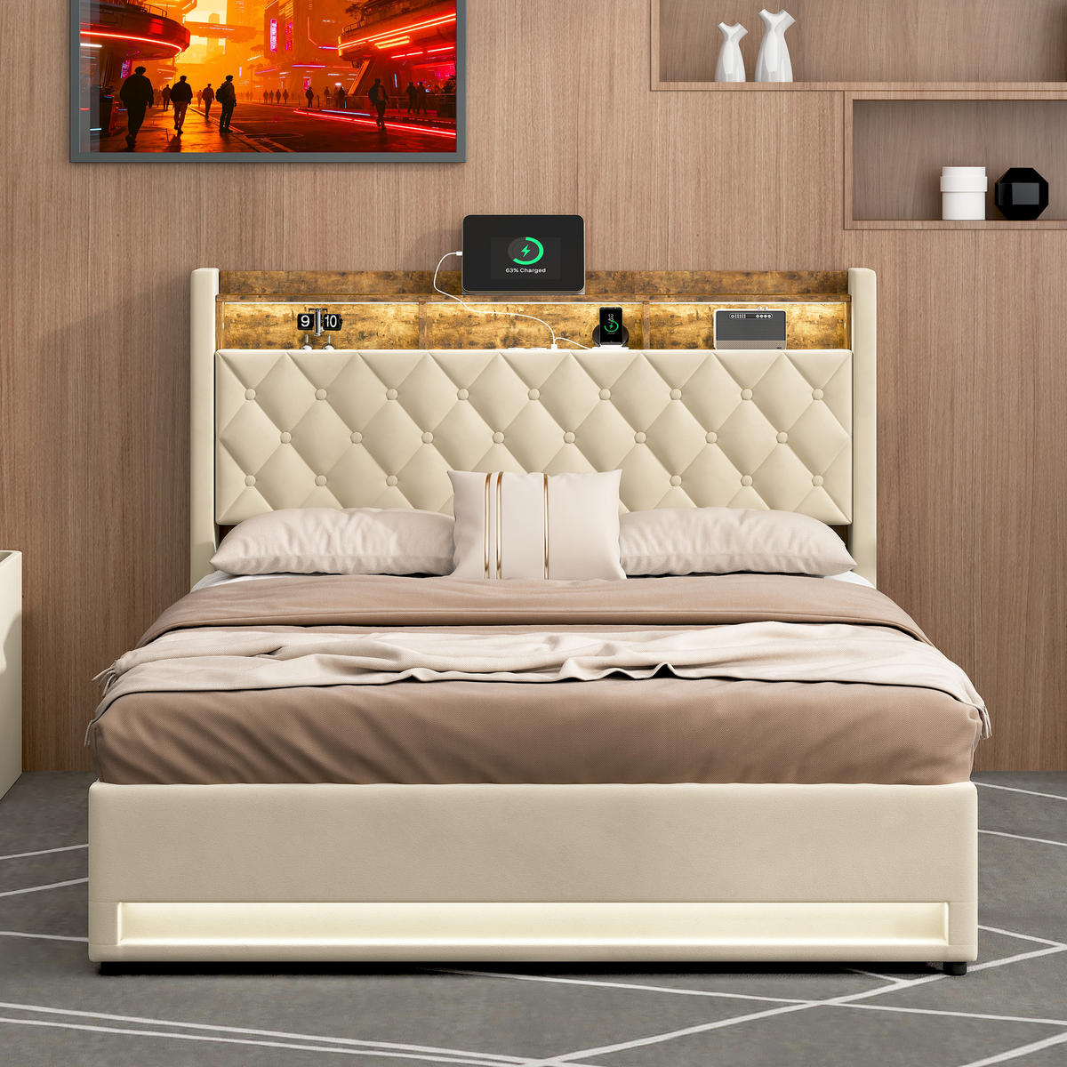 POLSTERBETT 180/200 cm mit Bettkasten und Steckdose Boxspringbett mit USB und LED-Licht Stauraumbett ohne Matratze - Beige, Holzwerkstoff/Textil (180/200cm) - STILVORA