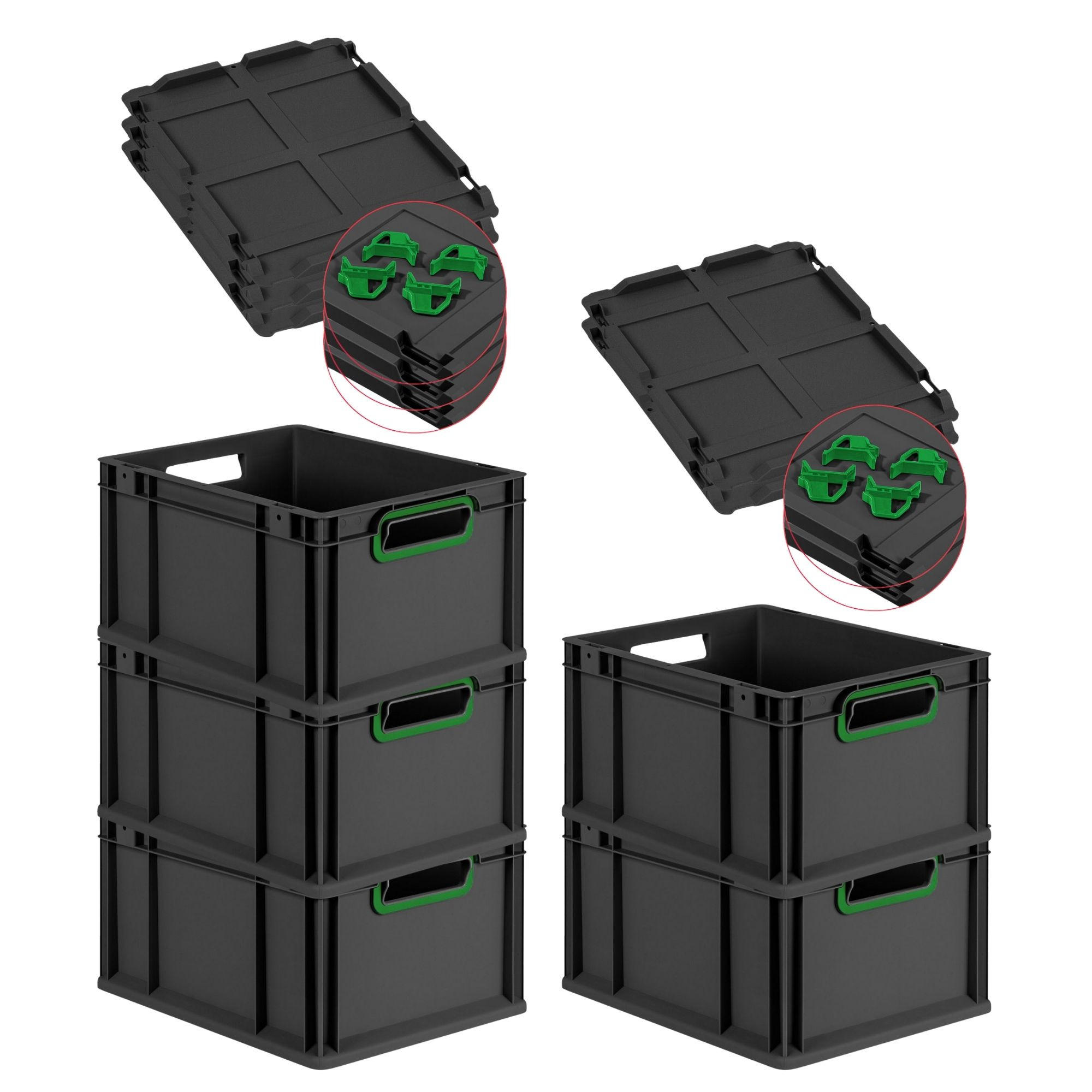 EUROBOX 5x NextGen Color mit Auflagedeckel 22x30x40 cm 20 Liter Schwarz Griffe grün offen - Schwarz/Grün, Kunststoff (30/22/40cm) - PROREGAL