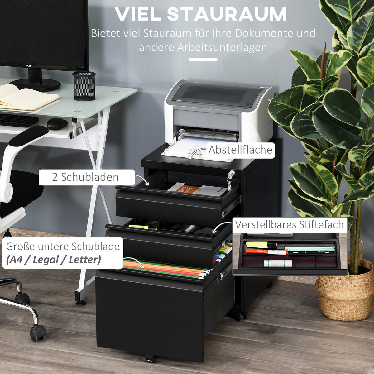 AKTENSCHRANK mit Rädern, konkavem Griff, für Home-Office, Stahl, Schwarz - Schwarz, Metall (48/60/39cm) - Vinsetto