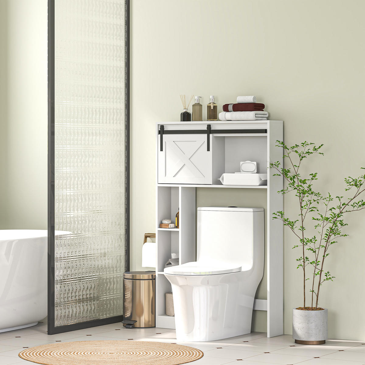 BADEZIMMERREGAL DE-15903 mit Schiebetür Weiß - Weiß, Holzwerkstoff (17/128/80cm) - ComfortXL