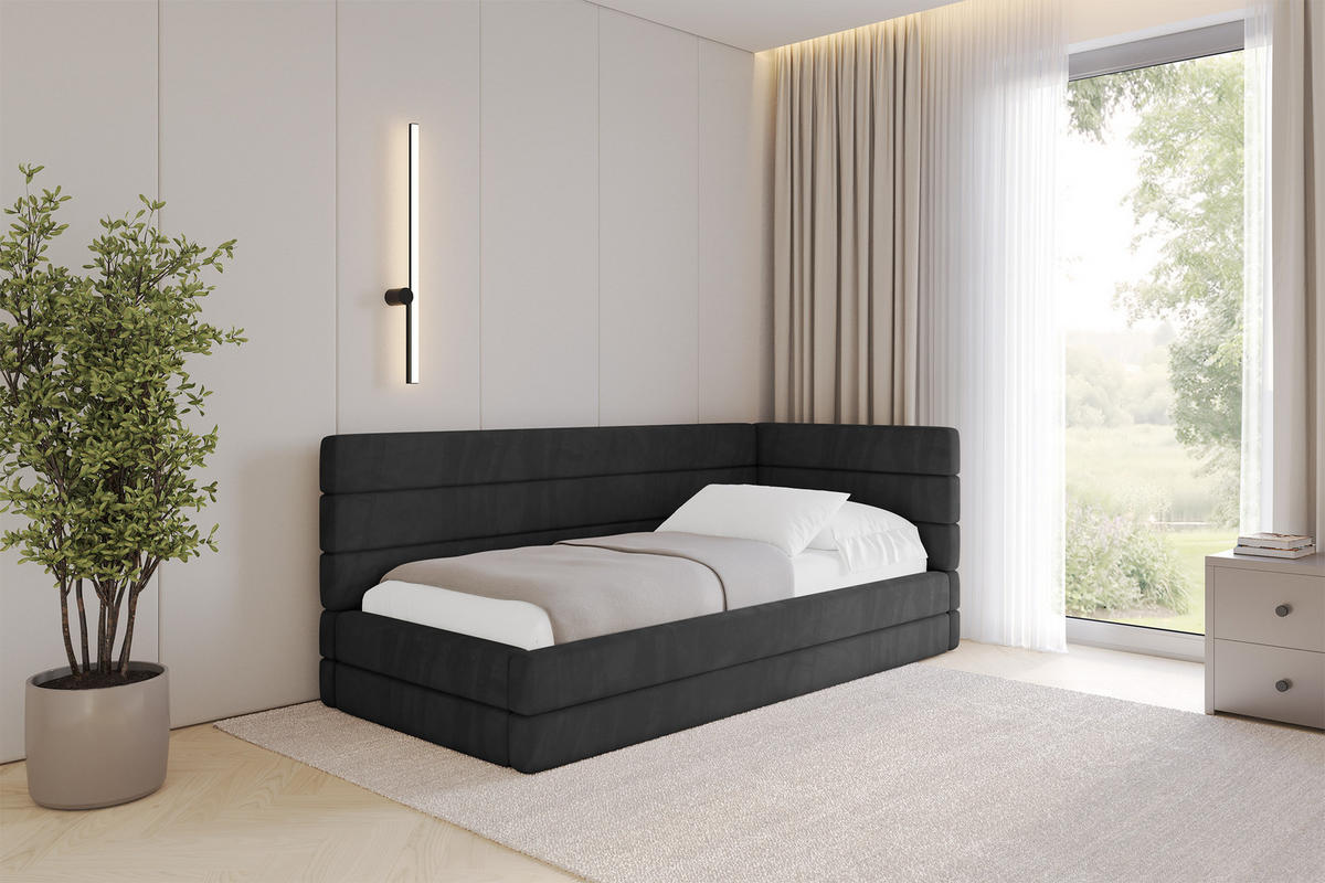 EINZELLBETT Jugendbett mit Bettkasten, Links - BEMY 90x200 Schwarz - Schwarz, Holzwerkstoff/Textil (90/200cm) - ALTDECOR