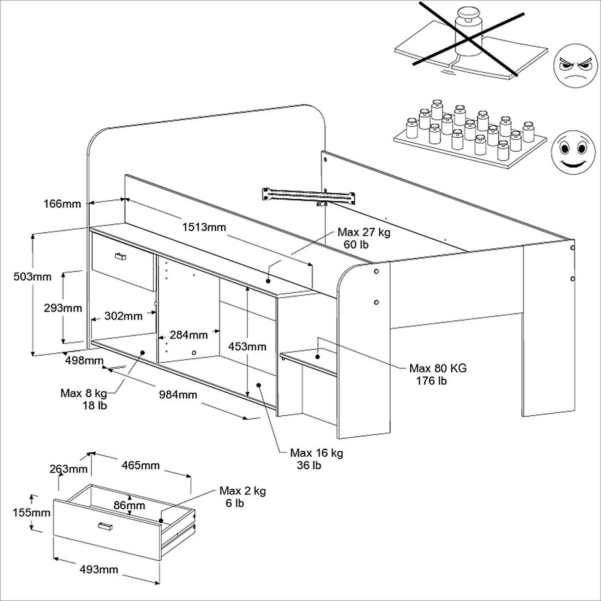 HOCHBETT Kaschmir, Jackson Eiche, Stauraumbett Bett 90 x 200 cm - Kaschmir/Eichefarben, Holzwerkstoff/Kunststoff (90/200cm) - Parisot Meuble