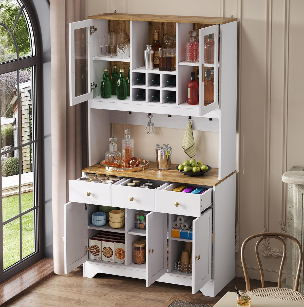 HIGHBOARD 94,5/30/175,5 cm mit 5 Türen und 3 Schubladen in Weiß-Holzmaserung - Weiß, Holzwerkstoff (94.5/175.5/30cm) - BEAOK