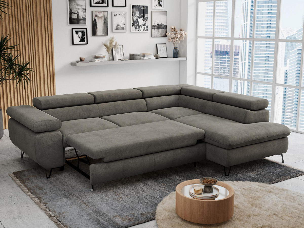 ECKSOFA PETER L Dunkelgrau Velvet - Rechts Seite - Dunkelgrau/Schwarz, Textil/Metall (273/208cm) - MKS