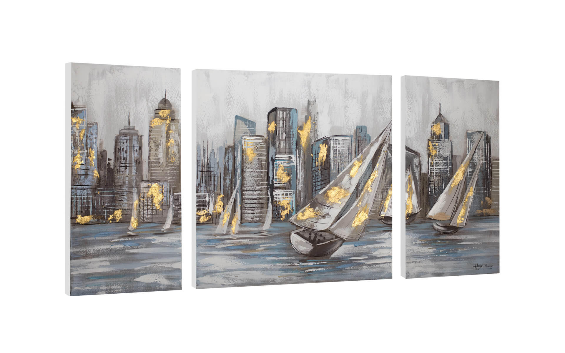 LEINWANDBILD 3-TEILIG Gelb 140/70 cm - Gelb/Grau, Textil (140/70cm) - KUNSTLOFT