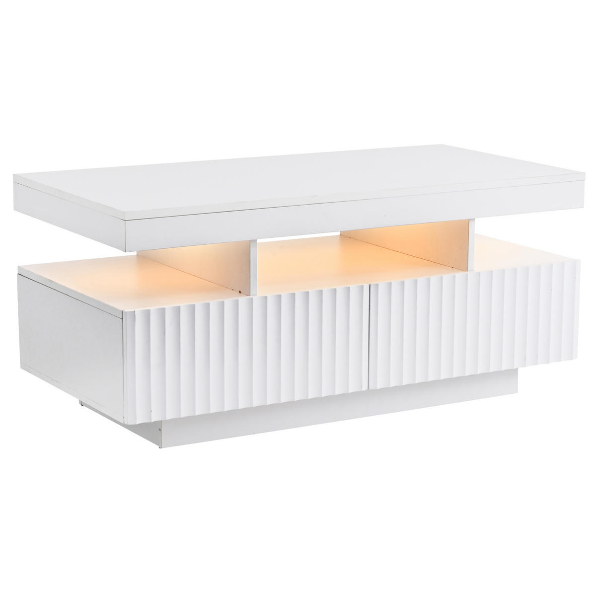 COUCHTISCH 100/50/45 cm mit 2 Schubladen, LED-Beleuchtung und offenem Fach aus Spanplatte, Weiß - Weiß, Holzwerkstoff (100/50/45cm) - Redom