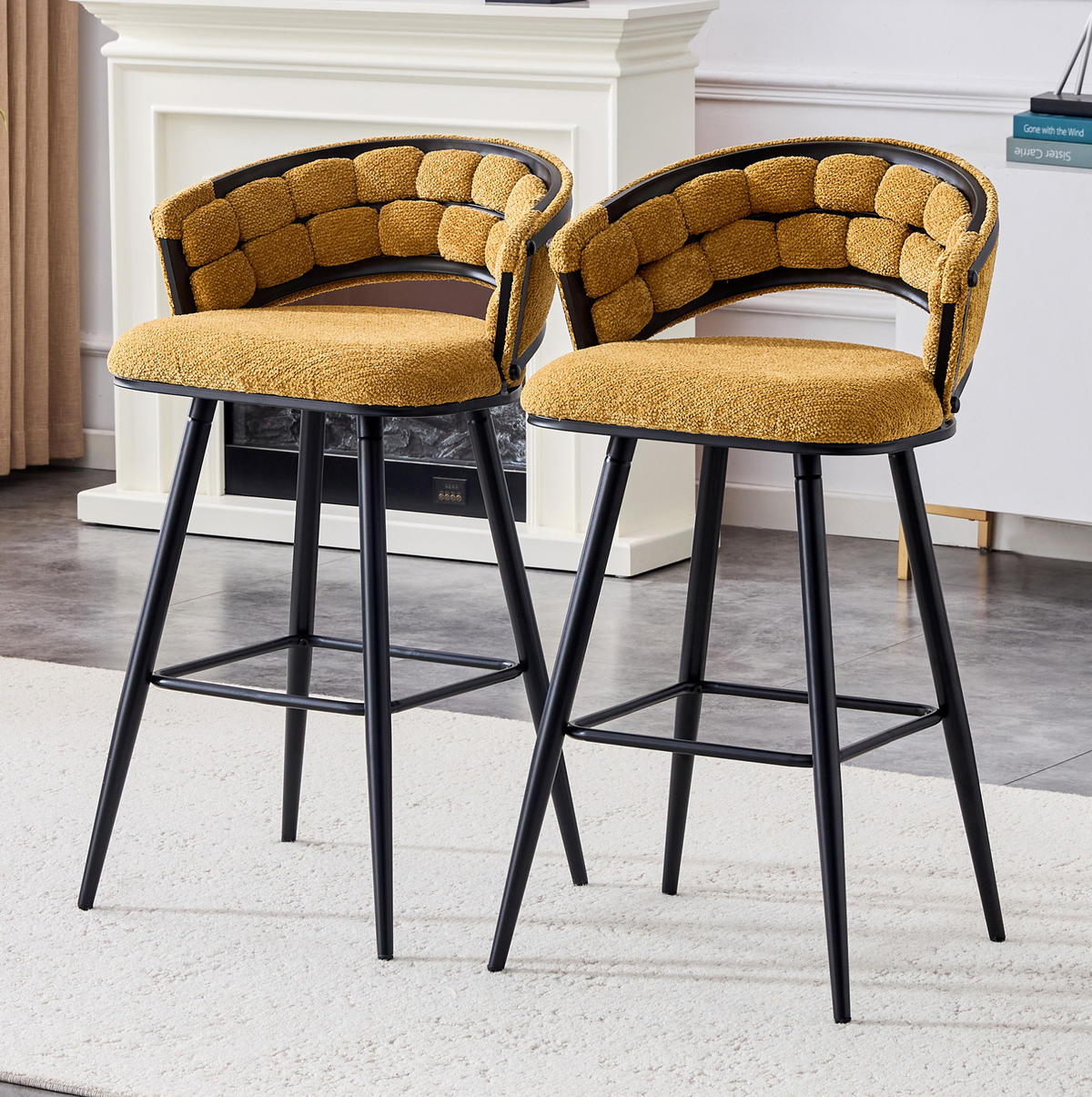 BARHOCKER mit Samtbezug Gelb Schwarz Metall 2er-Set - Gelb, Metall (50.5/98.5/56.1cm) - Meubliv