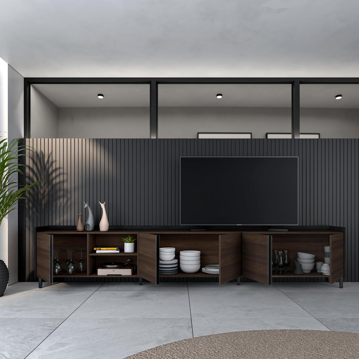 LOWBOARD, Dunkler Eiche und Schwarz, 309/35/61cm, mit Beinen - Dunkelbraun, Holzwerkstoff (309/61/35cm) - Skraut Home