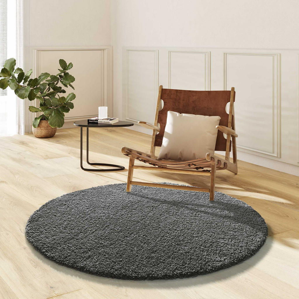 Thumbnail - Atticgo Hochflorteppich, Anthrazit, Textil, Uni, Rund, 130x130 cm, Oeko-Tex® Standard 100, für Fußbodenheizung geeignet,...