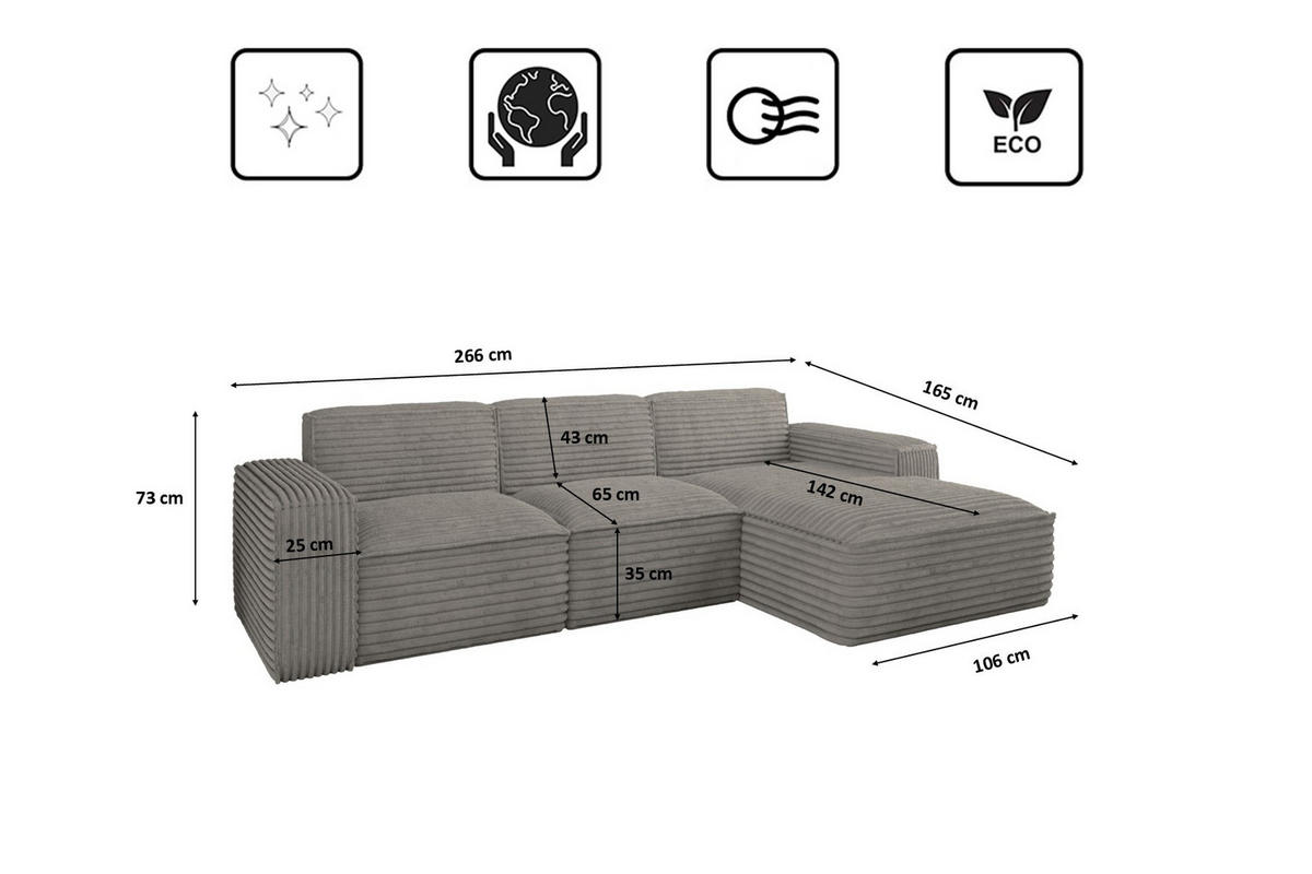 ECKSOFA L-Form Siena Stoff Velo Grau Rechts - Grau, Holz/Kunststoff (266/165cm) - Kaiser Möbel