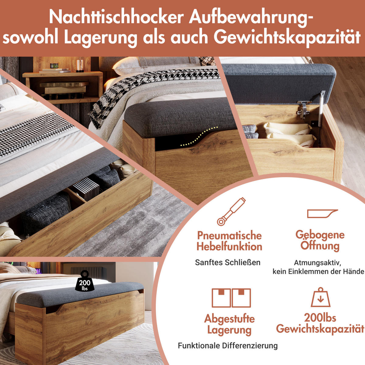 POLSTERBETT 160/200 cm mit Leselampen, USB-Type-C-Nachttischen und Bettbank mit Stauraum, Eiche - Eichefarben, Metall (160/200cm) - Redom