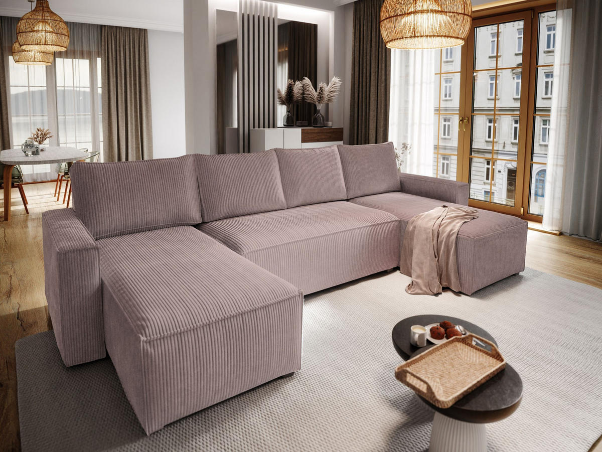 WOHNLANDSCHAFT ASPRA Lila Kordstoff mit Schlaffunktion - Lila, Holz (295/85/140cm) - MASSENO
