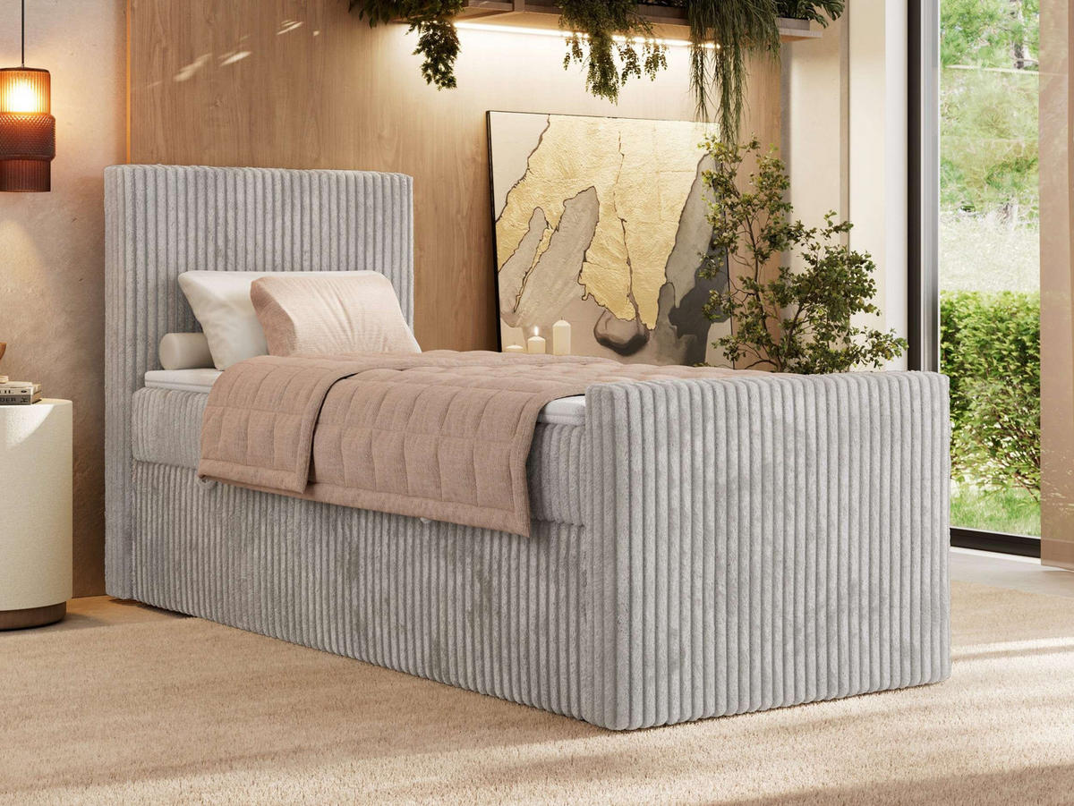 BOXBETT TILIANO DUO 90/200 - Hellgrau Cord - H4 - Topper Visco - Links Seite - Hellgrau, Textil (90/200cm) - MKS