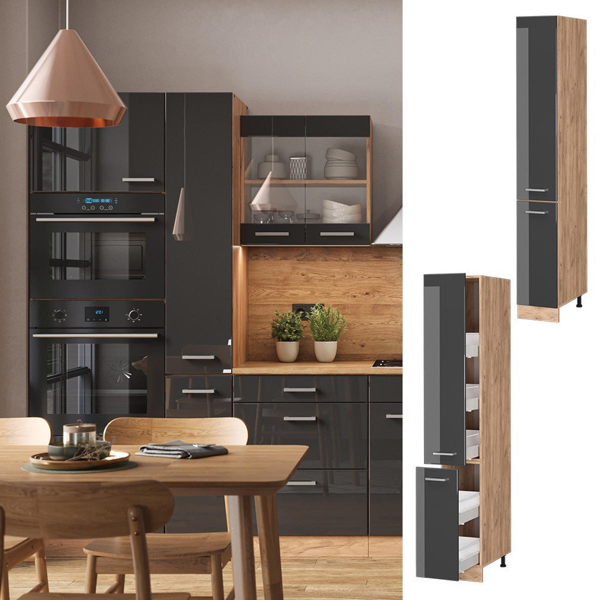 APOTHEKERSCHRANK R-Line Anthrazit Hochglanz 30 cm - Honigeiche/Schwarz Hochglanz, Holzwerkstoff (30/206.8/57.2cm) - Vicco