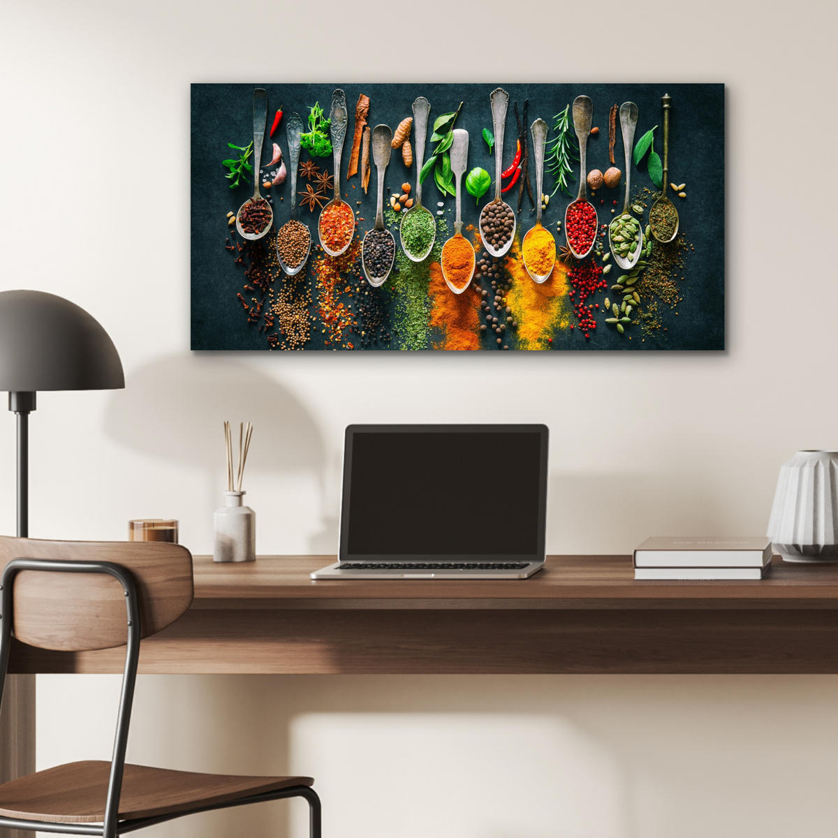 KOVOVÝ OBRAZ Bylinky - korenie - lyžičky 80x40 cm - kari žltá, kov (80/40cm) - MuchoWow