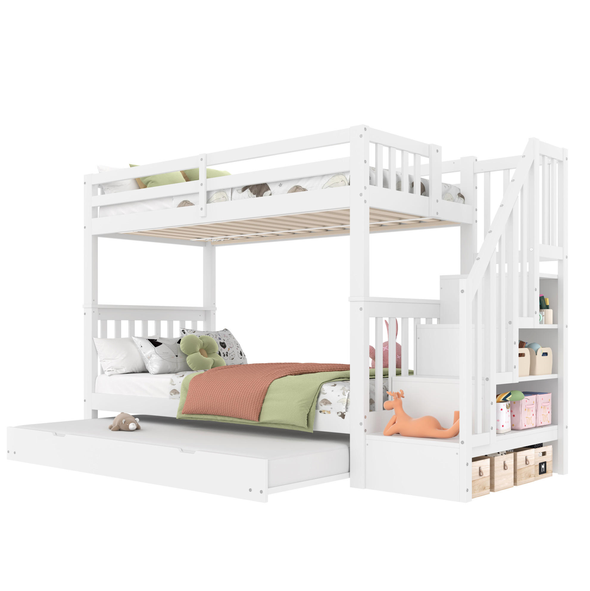 ETAGENBETT 90/200 cm in Weiß mit Rollbett, Treppenregal und hoher Absturzsicherung - Weiß, Holzwerkstoff (90/200cm) - Flora Grace