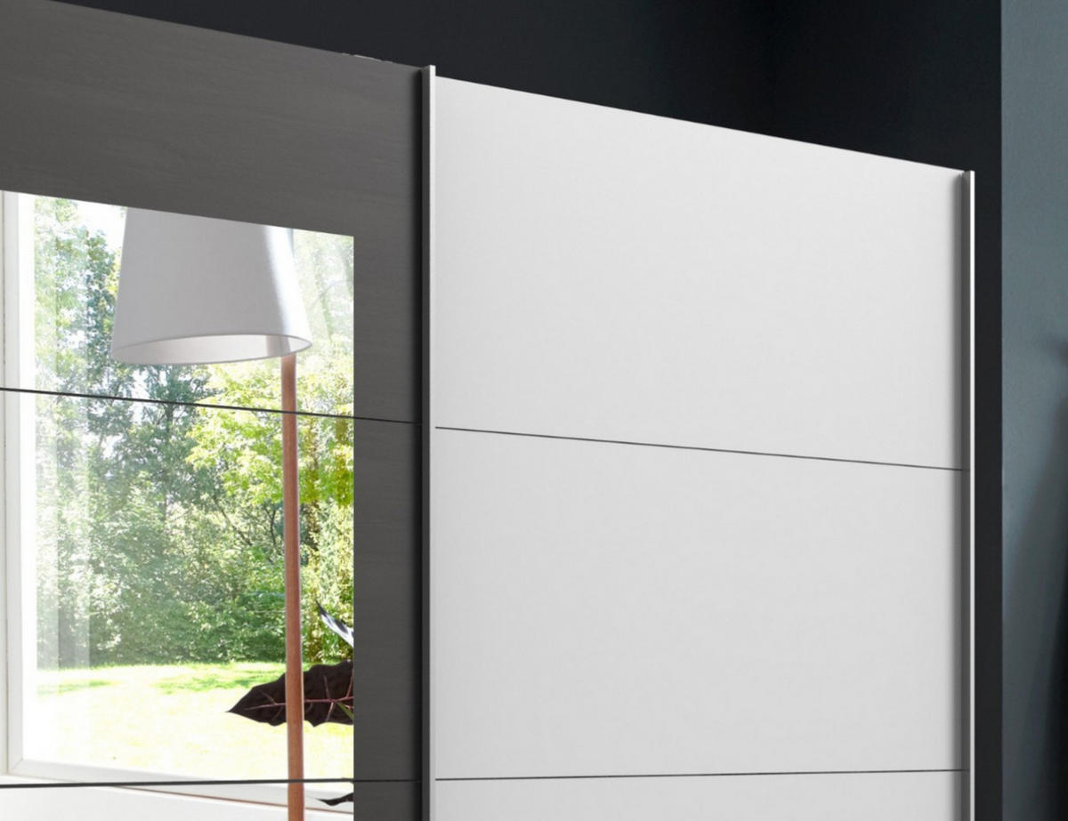 SCHWEBETÜRENSCHRANK 2-türig, Spiegeltür 225/208/65 cm Weiß mit Absetzungen in grauer Stahl-Optik / 22005 - Alufarben/Weiß, Holzwerkstoff/Metall (225/208/65cm) - luma-home