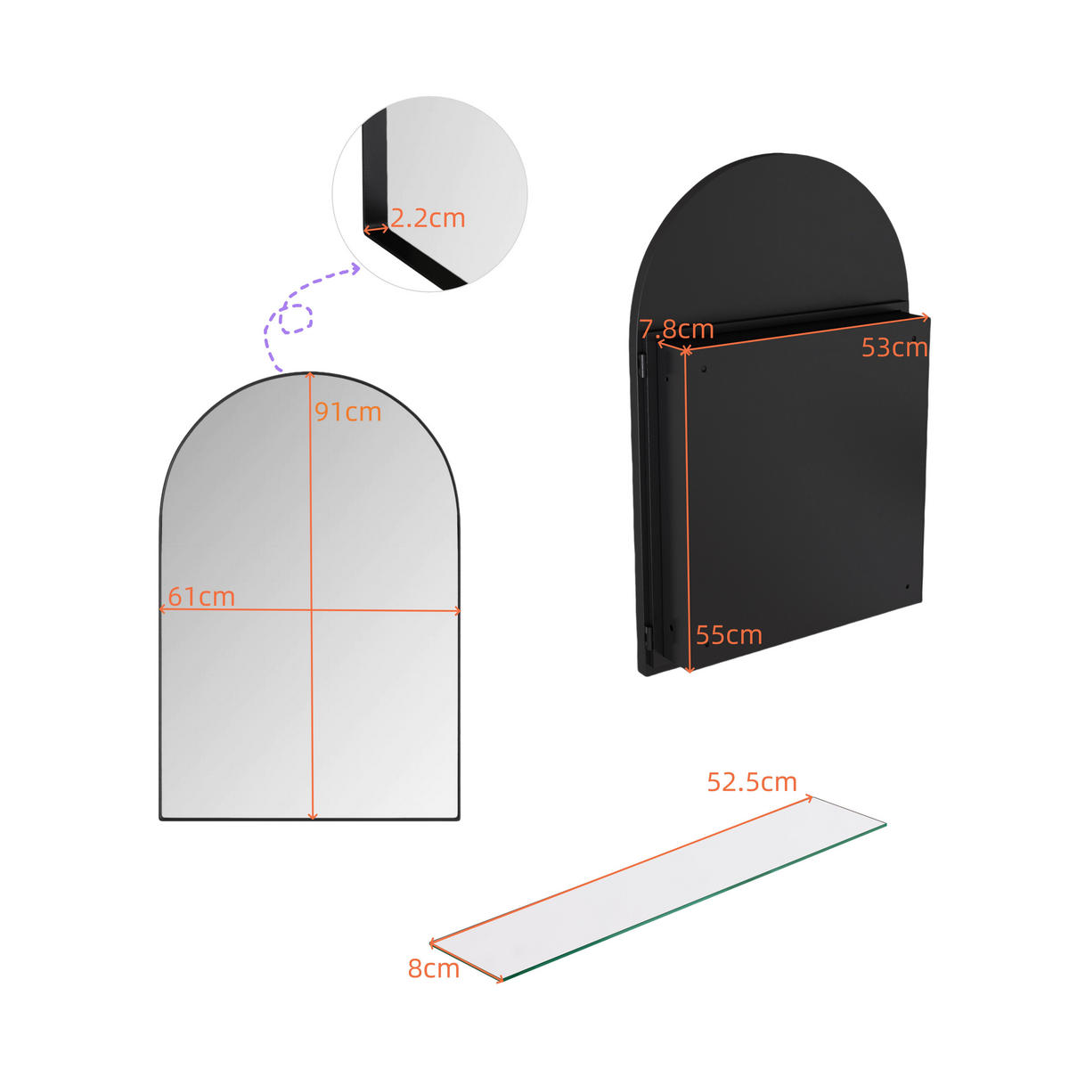 SPIEGELSCHRANK 91x61x12cm schwarz mit gehärtetem Glas Wandmontage,Feuchtigkeitsbeständig,Integrierter Stauraum - Silberfarben, Glas (61/12/91cm) - Modfu