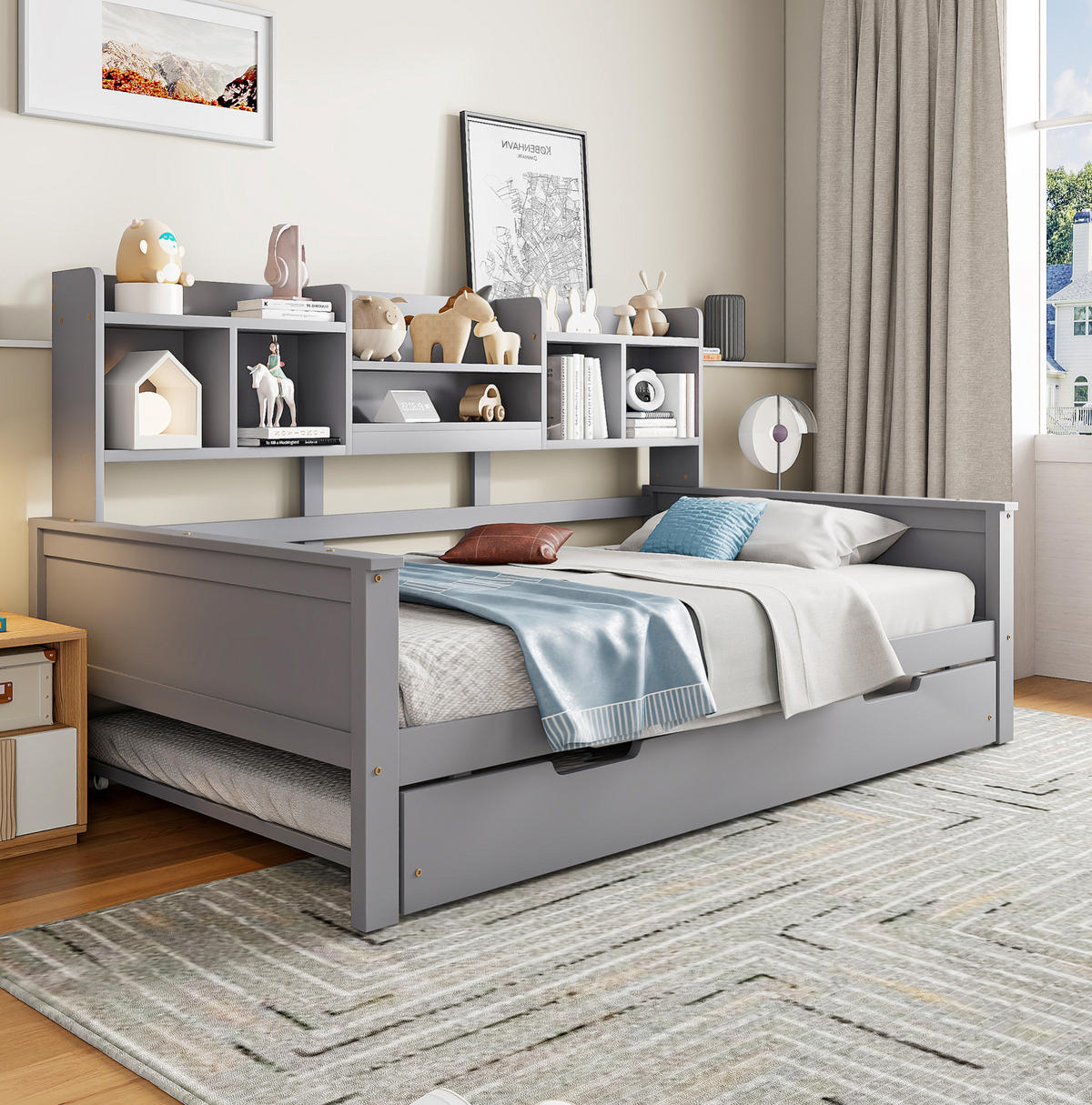 BETT mit integriertem Regal und Ausziehfunktion Kiefernholz Grau 90/200 cm - Grau, Holz (90/200cm) - OKWISH