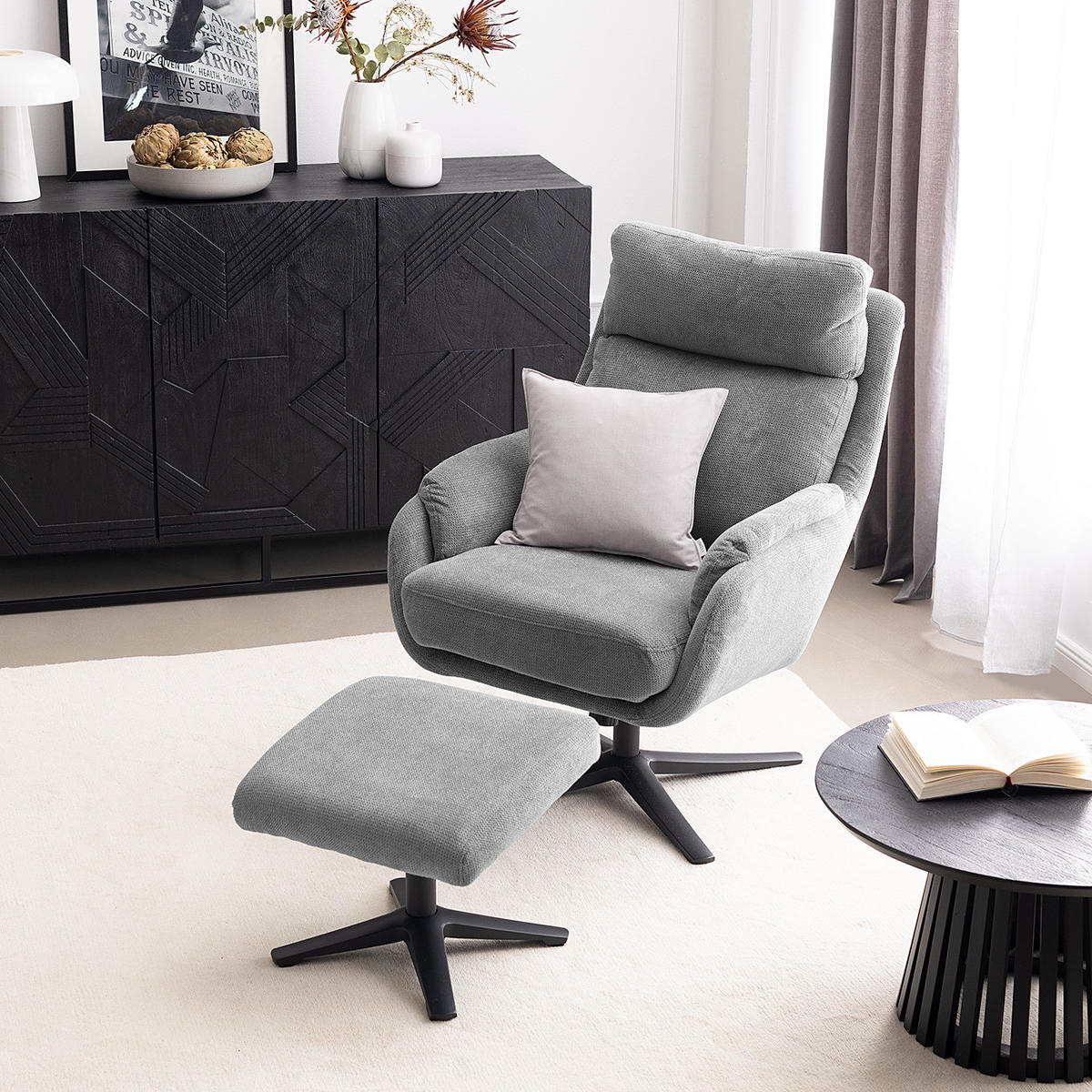 RELAXSESSEL mit Hocker - Schwarz/Grau, Textil/Metall (74/102/89cm) - home24