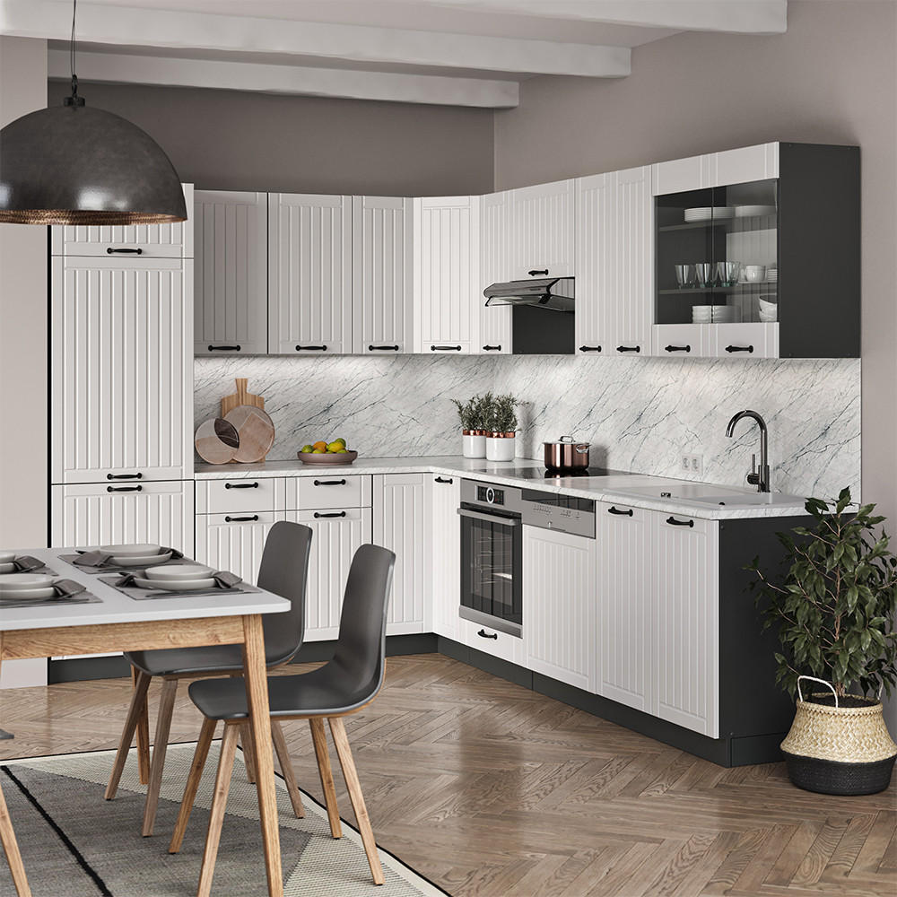 ECKKÜCHE Fame-Line Weiß Landhaus/Anthrazit 227 x 60 cm ohne AP - Anthrazit/Creme, Holzwerkstoff (287/81.6/46cm) - Vicco