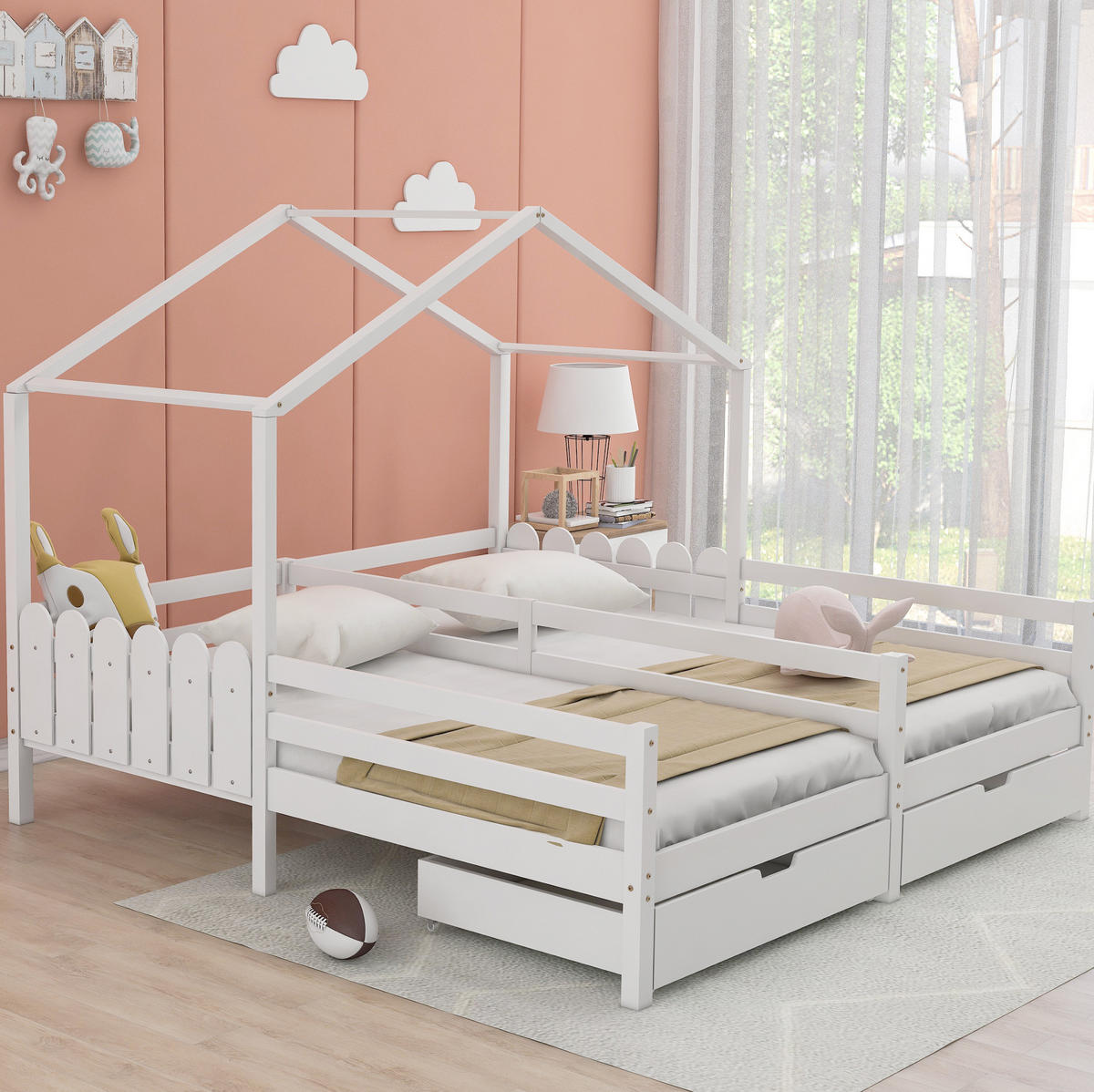 HAUSBETT 90/200 cm Weiß mit 2 MDF-Schubladen und Gitterzaun - Weiß, Holz (90/200cm) - OKWISH
