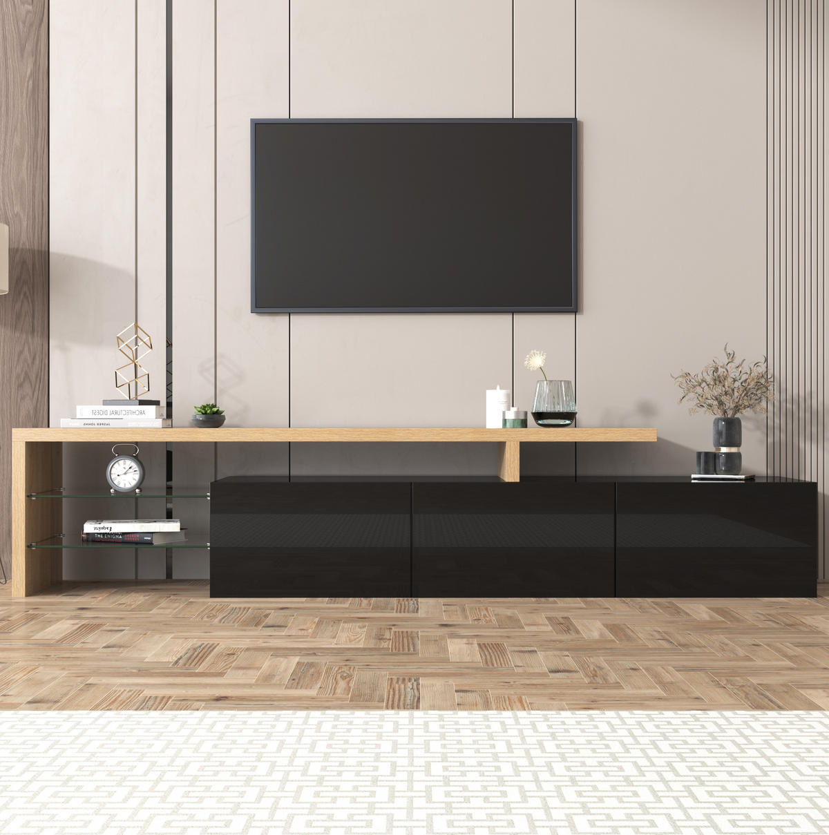LOWBOARD 197,5/39/42 cm in Schwarz/Natur mit LED-Beleuchtung und Glasböden - Naturfarben, Holzwerkstoff (197.5/42/39cm) - Flora Grace