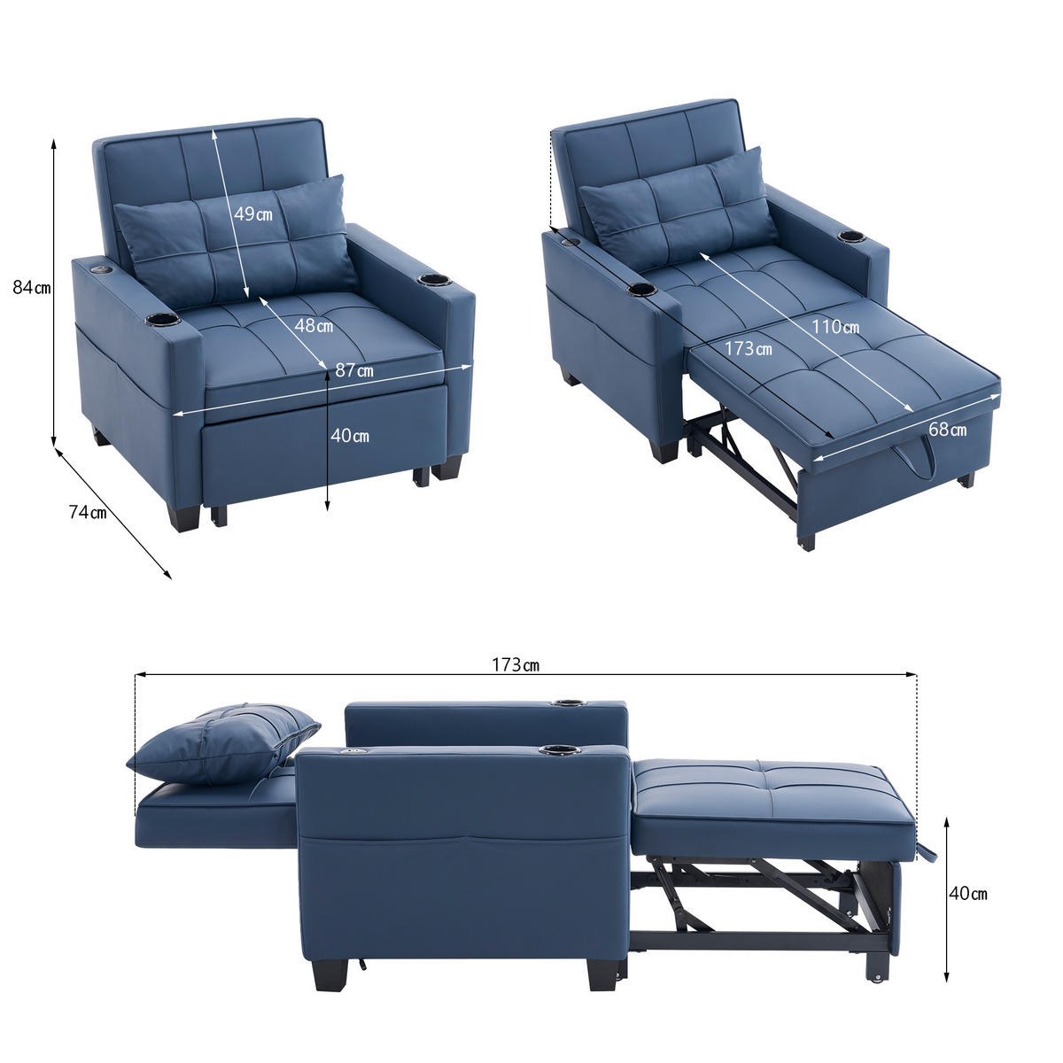 SCHLAFSESSEL DE-35007 3-in-1 mit USB und Getränkehaltern Blau - Blau, Metall (87/84/74cm) - ComfortXL