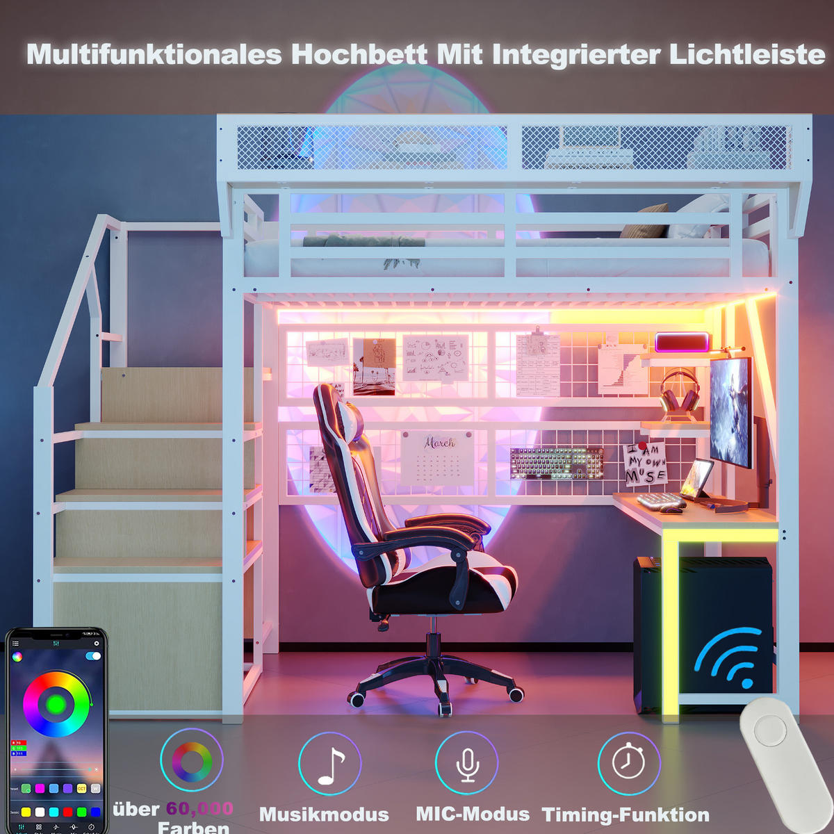 METALL-HOCHBETT 140x200 cm Weiß mit Schreibtisch, Regalen, Stauraumleiter, LED-Beleuchtung und Steckdosen - Weiß, Metall (140/200cm) - Modfu