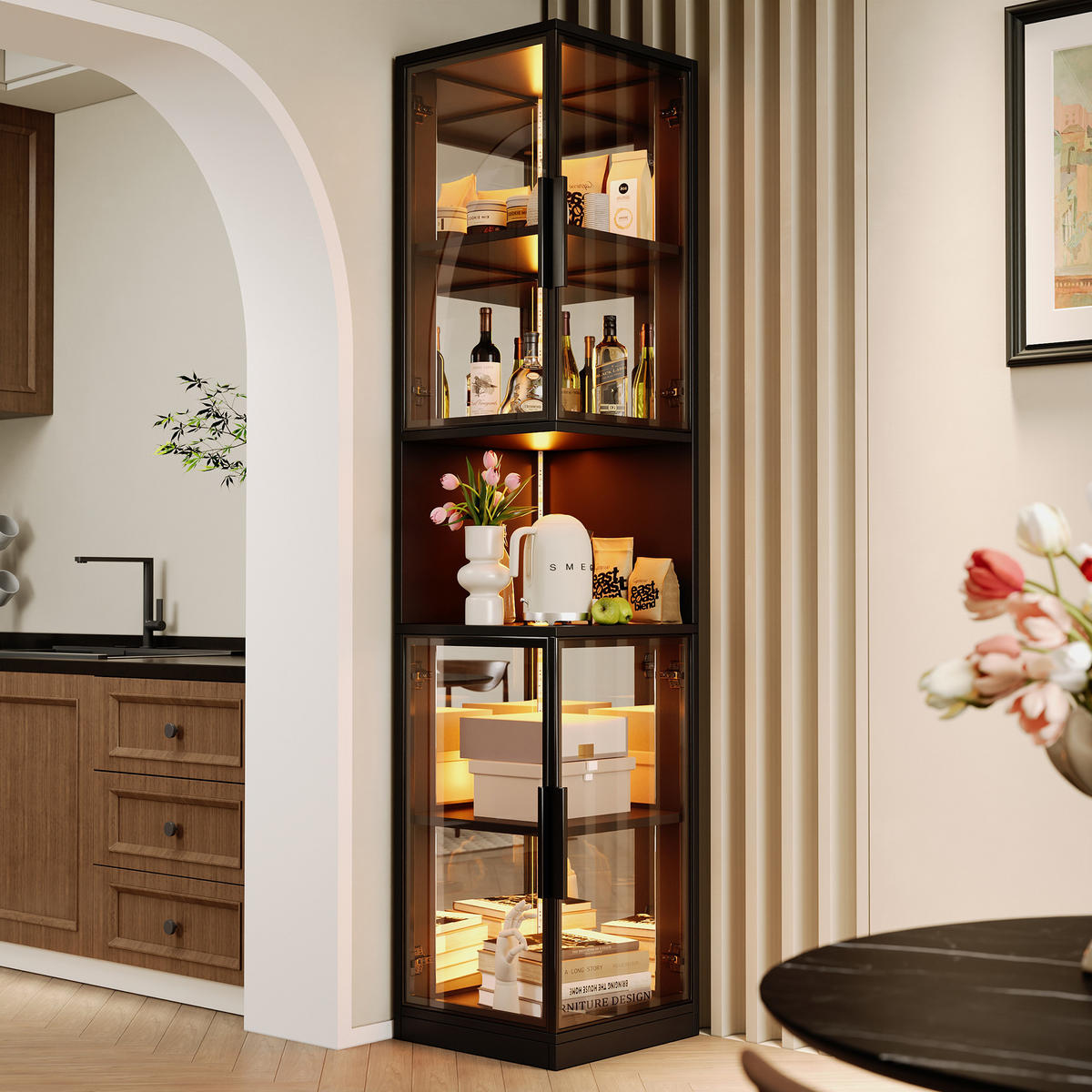 VITRINE LED Glastüren Spiegelrückwand 205cm Weinschrank Weiß - Schwarz, Holzwerkstoff (42/205/44cm) - FLIEKS