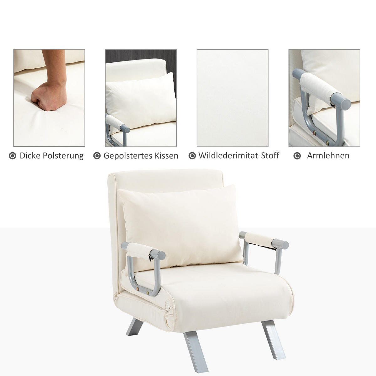 3-IN-1 Schlafsofa Schlafsessel Armlehne Klappbett Gästebett Chaiselongue Creme - Creme, Kunststoff (69/80/65cm) - HOMCOM